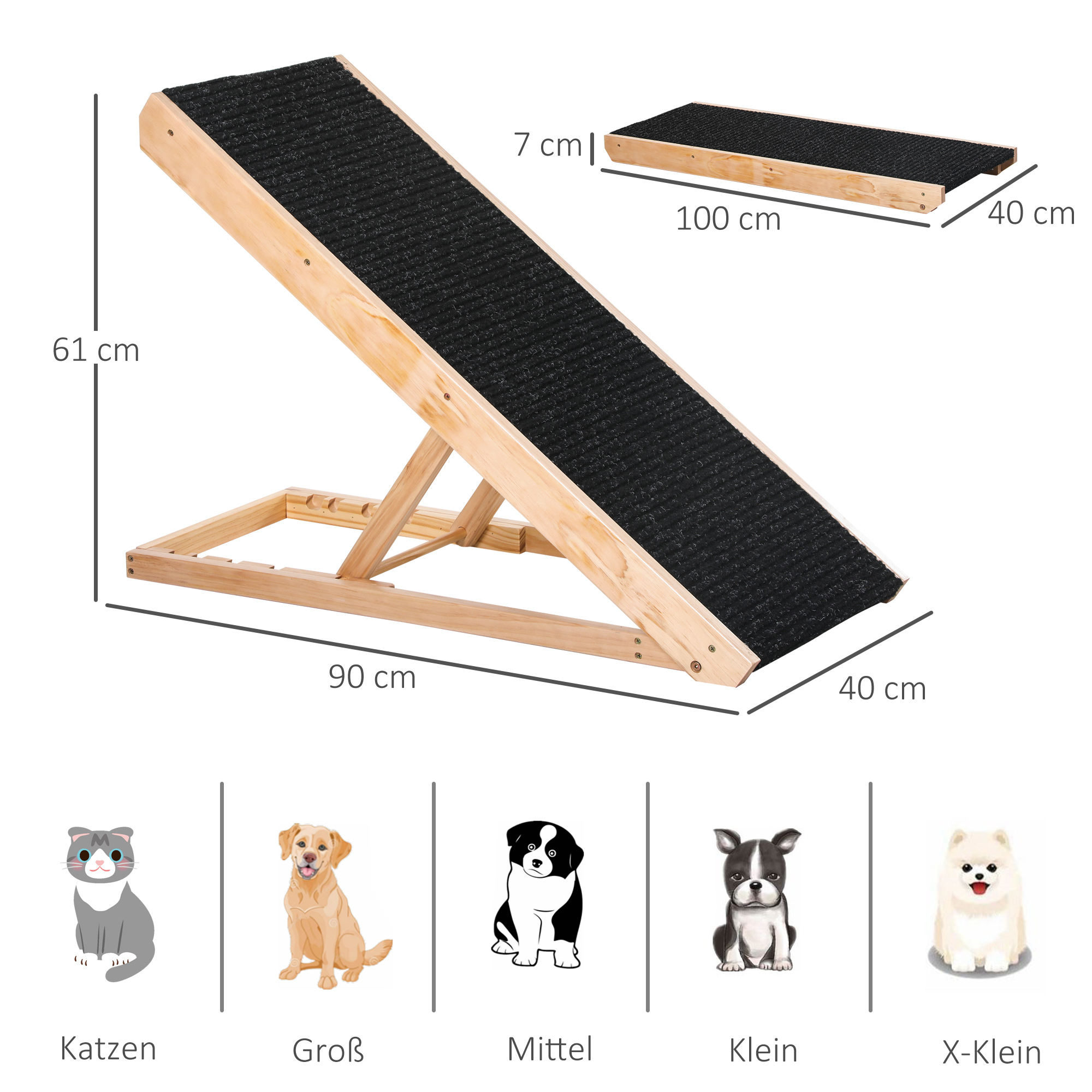 Hunde-Rampe aus Holz mit schwarzer Oberfläche, Maße und verschiedene Hundegrößen sind dargestellt.