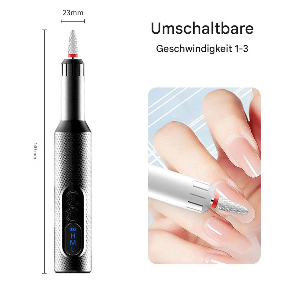 Nagelbohrer mit Abmessungen, zeigt einstellbare Geschwindigkeitseinstellungen und Handgebrauch.