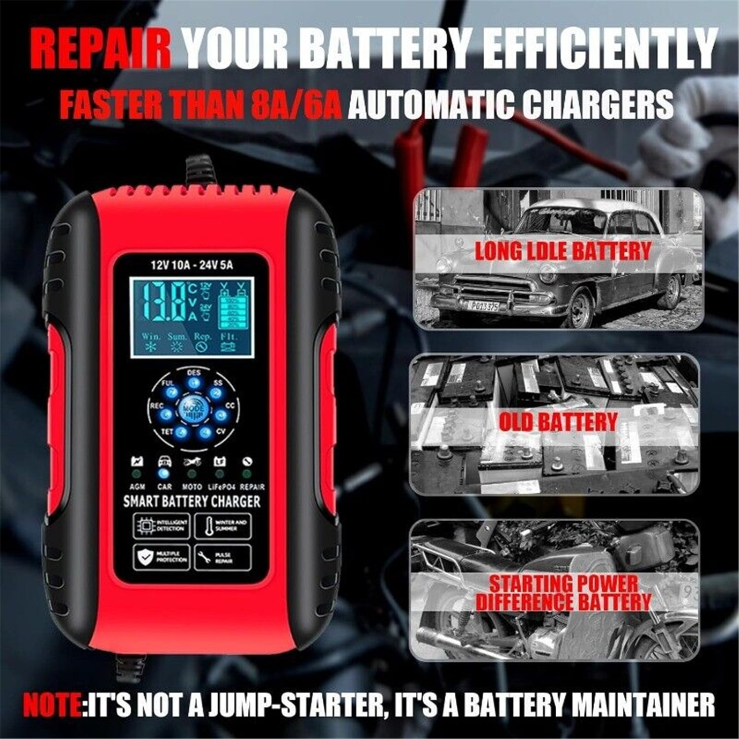 Rotes und schwarzes Batterieladegerät mit verschiedenen Batterietypen und Ladezustandsanzeigen.