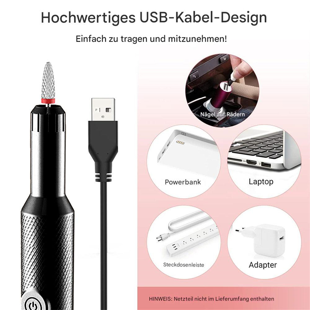 Schwarzer Nagelbohrer mit USB-Kabel und verschiedenen Beauty-Tools. Das Bild hat mehrere kleine runde Symbole.