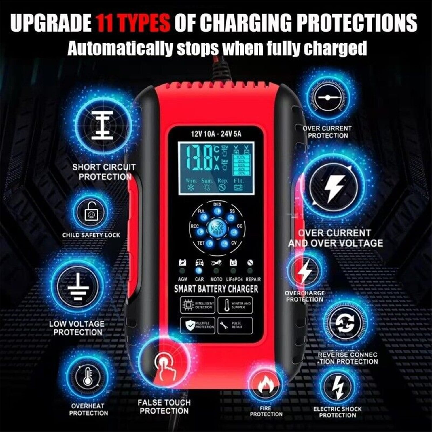 Rotes intelligentes Batterieladegerät mit verschiedenen Schutzsymbolen. Es hat eine digitale Anzeige und mehrere Funktionstasten.