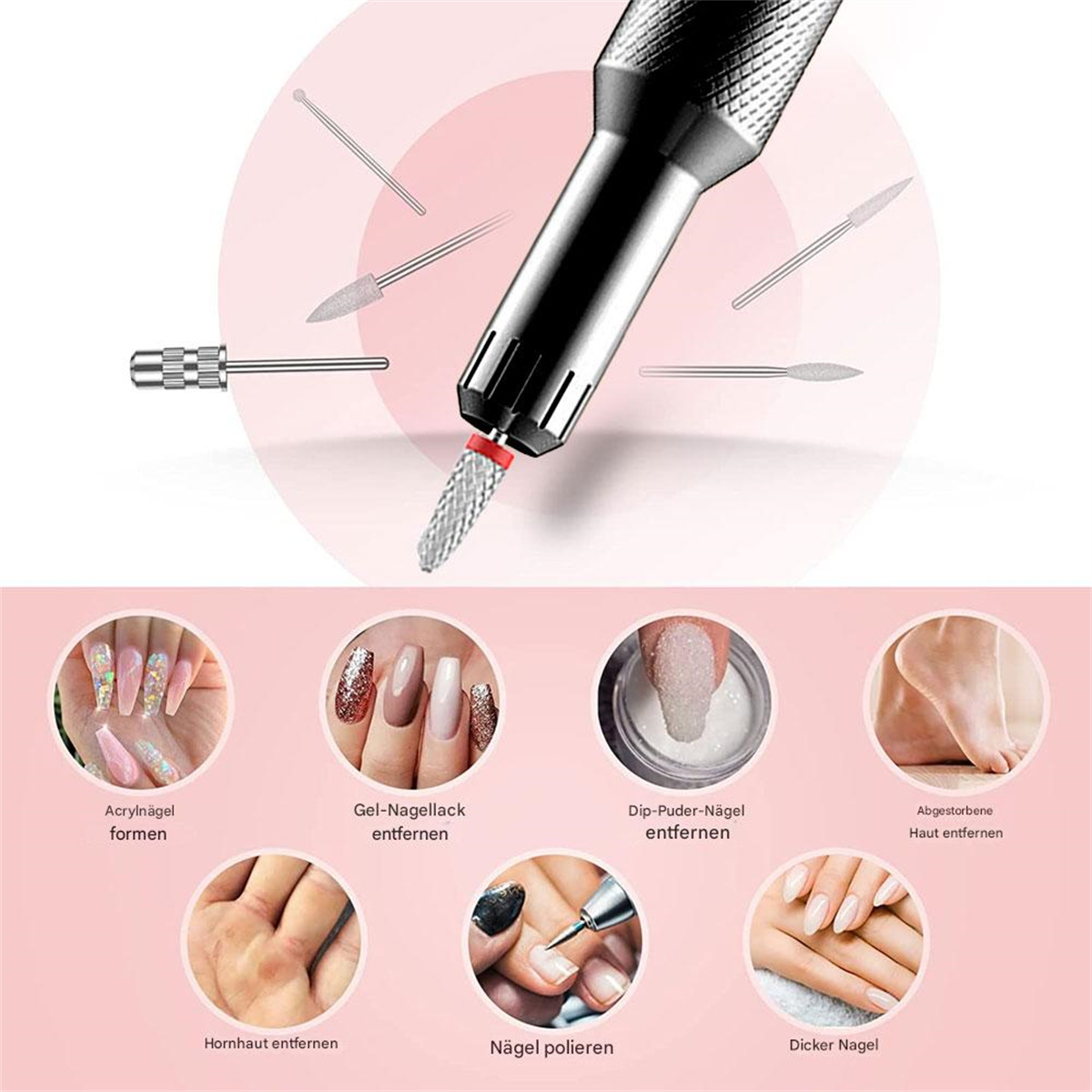 Ein Nagelbohrer mit Aufsätzen und Anwendungsbeispielen: Formen, Gel entfernen, Pulver und dicke Nägel.