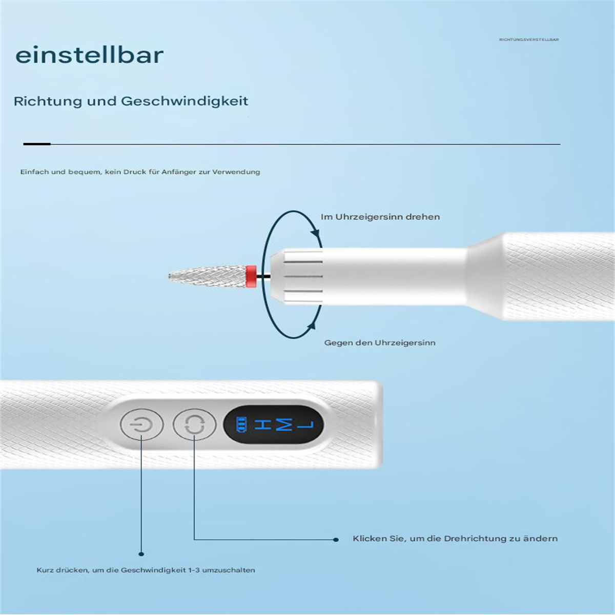 Nahaufnahme eines weißen Nagelbohrers mit einstellbarer Geschwindigkeits- und Richtungssteuerung und einem roten Schleifkopf.
