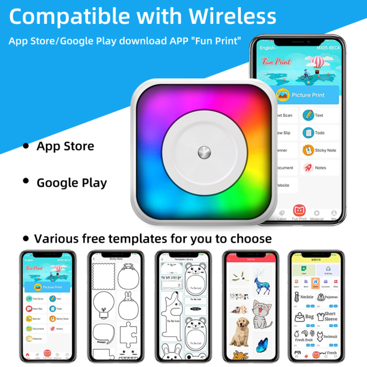 Ein Mobiltelefon mit einem bunten Kreis auf dem Bildschirm und Symbolen für App Store und Google Play.