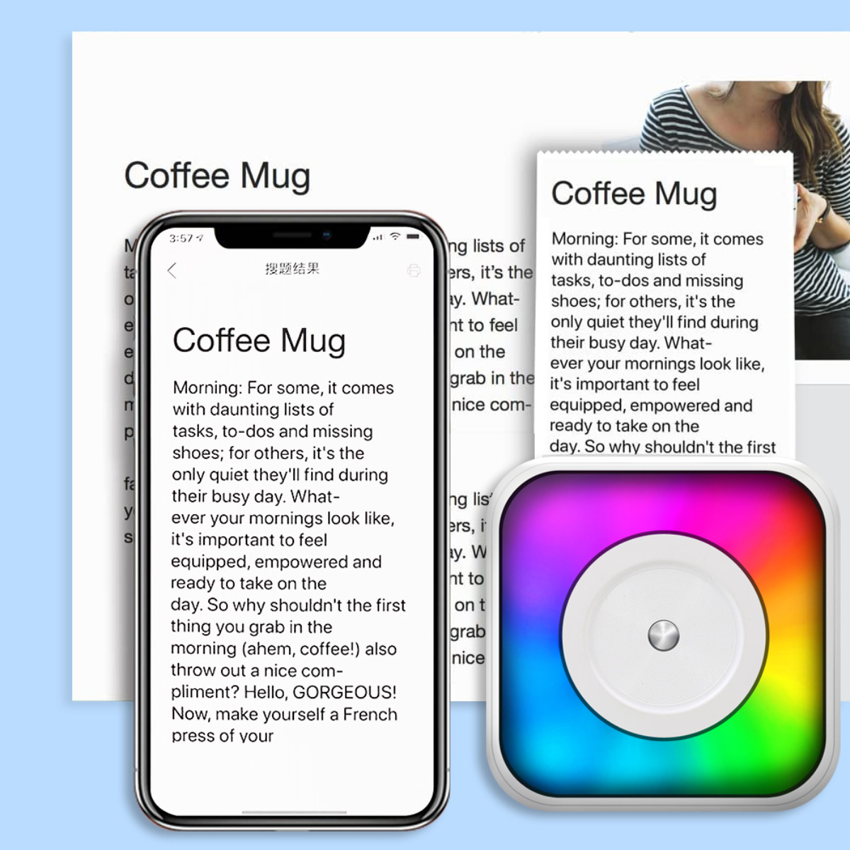 Zwei Telefone, die den Text eines Kaffeebechers zeigen. Ein Drucker ist im Hintergrund.