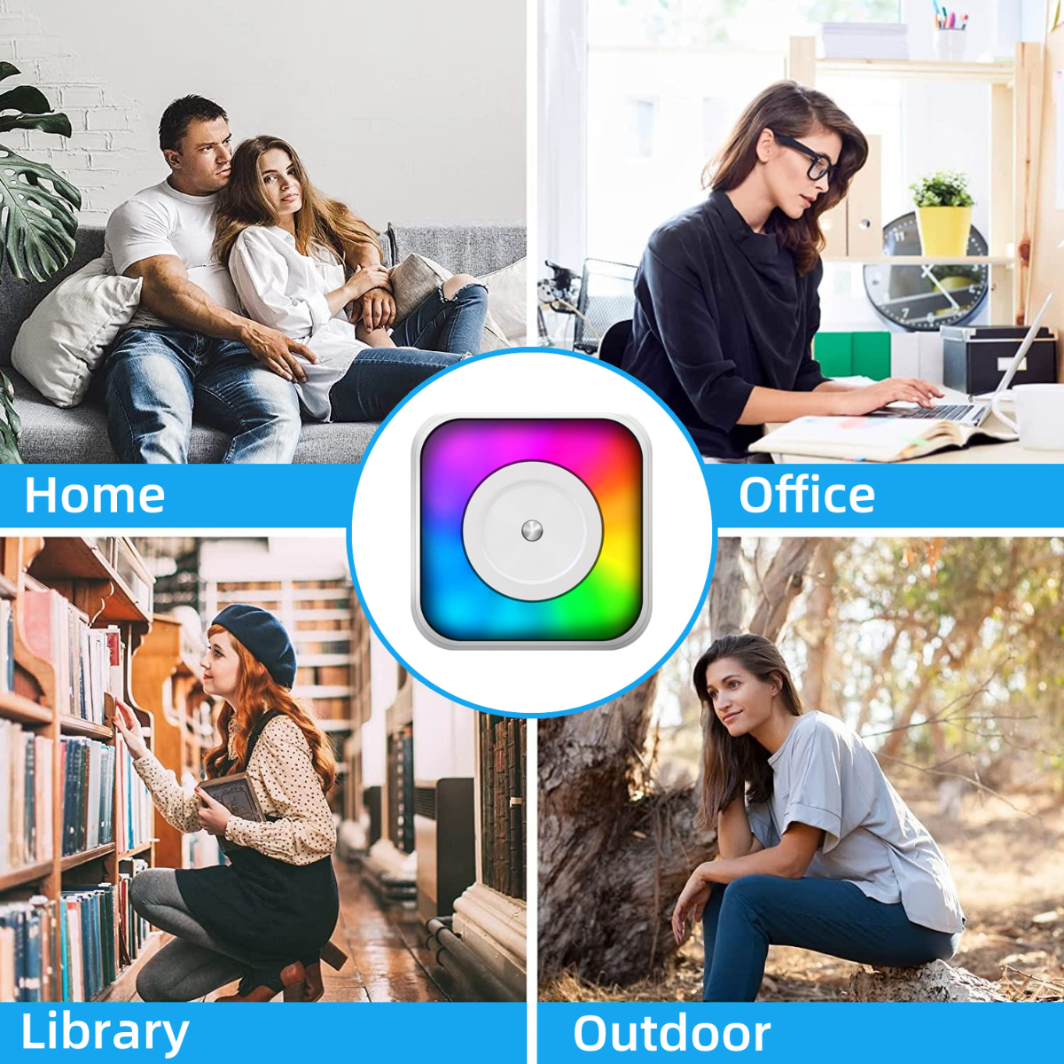 Vier Bilder mit dem bunten Kreis in verschiedenen Umgebungen. Zuhause, Büro, Bibliothek und draußen.