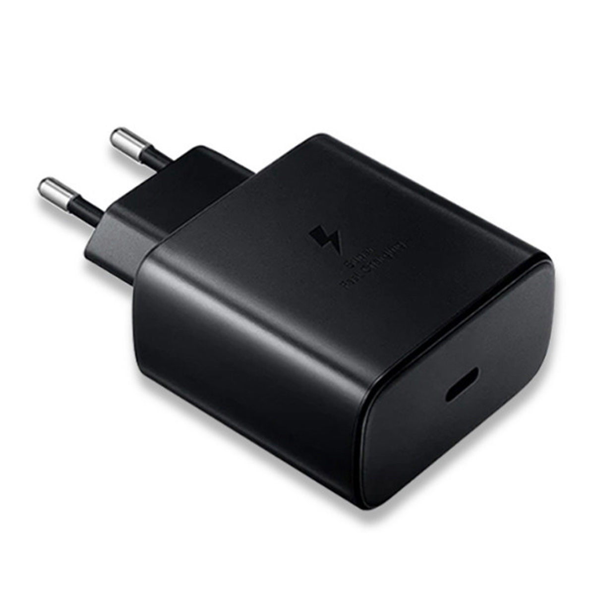 Schwarzes Telefonladegerät mit zwei Stiften. Das Ladegerät ist schwarz und hat einen USB-C-Anschluss.