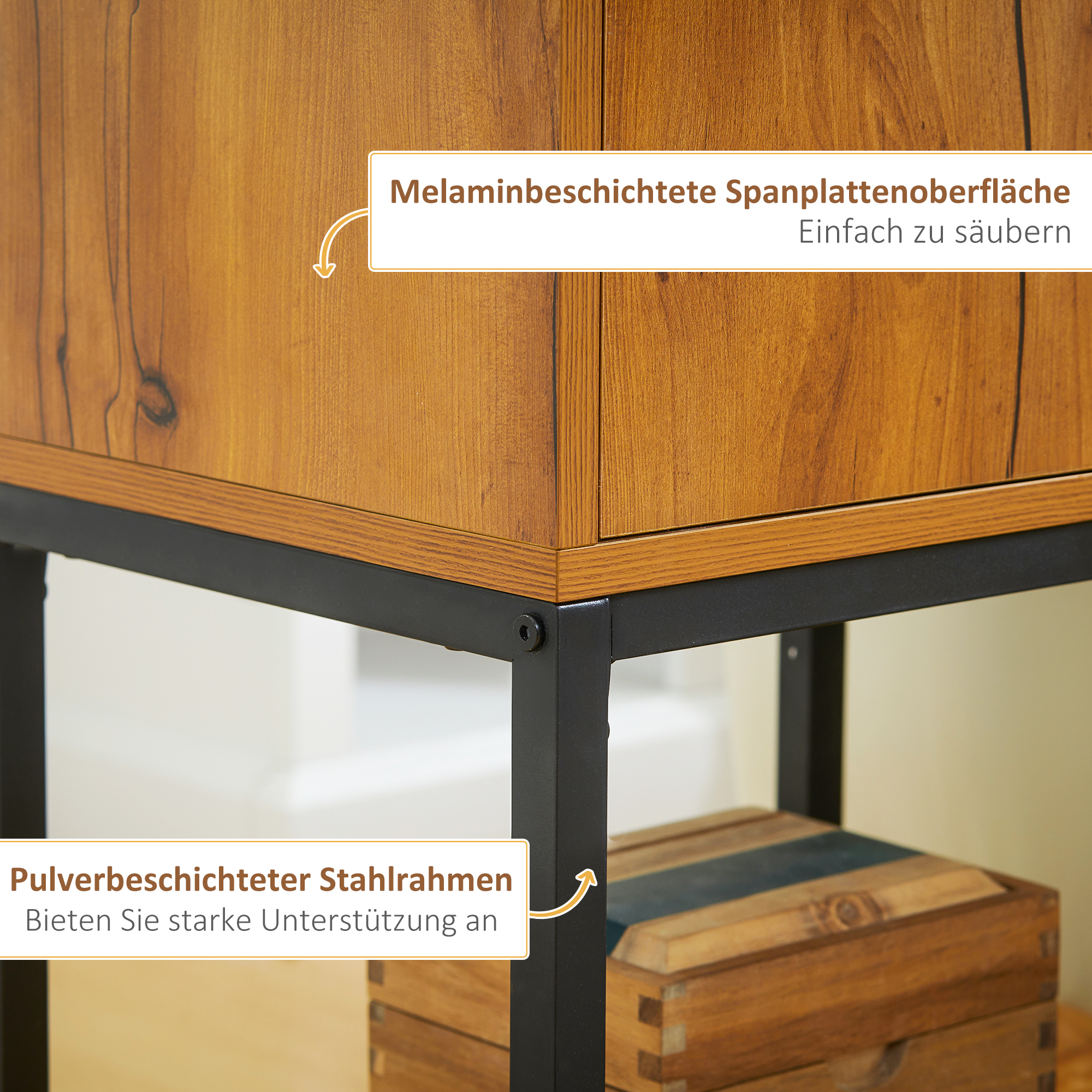 Nahaufnahme von Holzschrankdetails, die die Oberfläche und den Rahmen zeigen. Mit Etiketten.