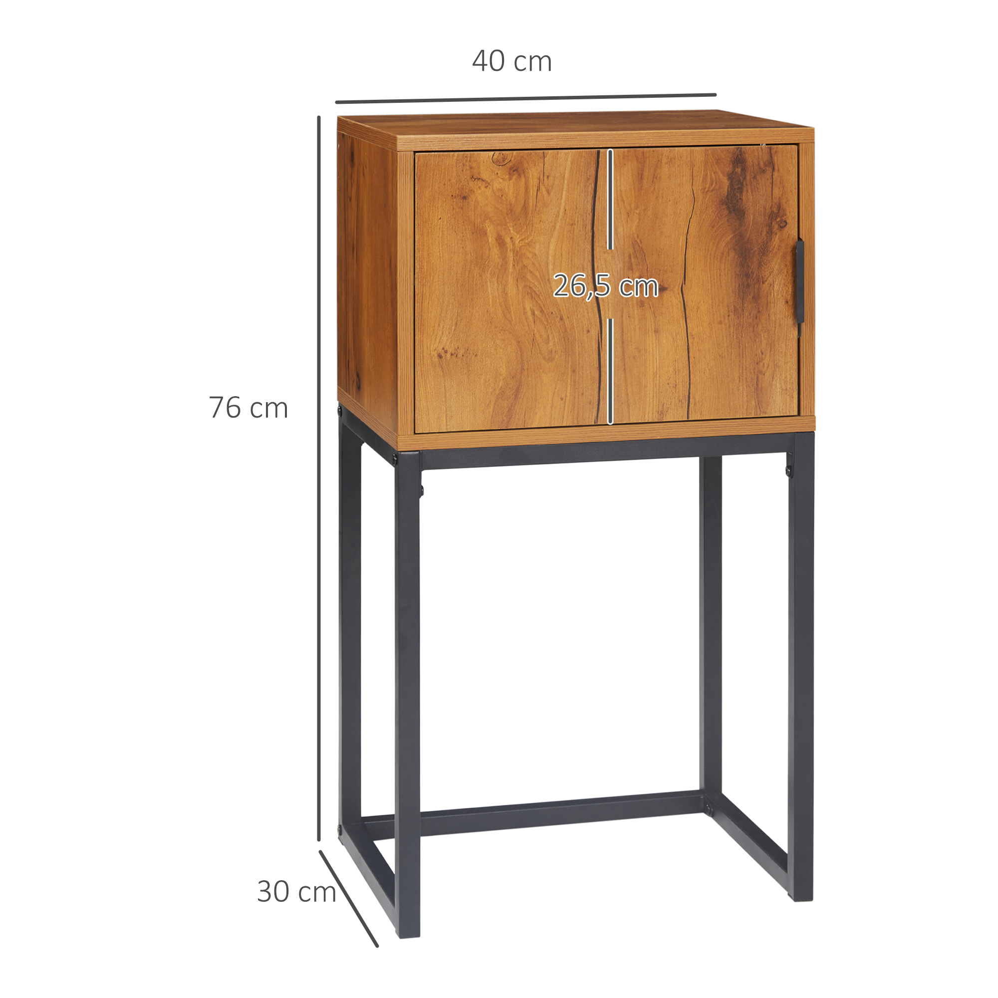 Holzschrank auf schwarzem Metallrahmen. Abmessungen sind mit Etiketten versehen. Der Hintergrund ist weiß.