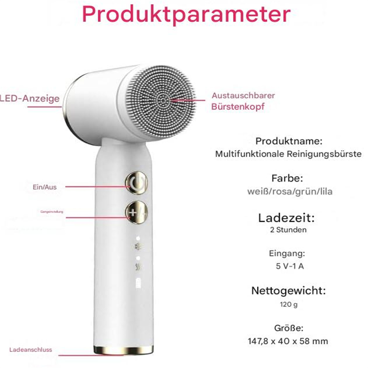 Weiße Gesichtsreinigungsbürste mit Produktparametern. Die Bürste hat weiße, rosa, grüne und lila Farboptionen.