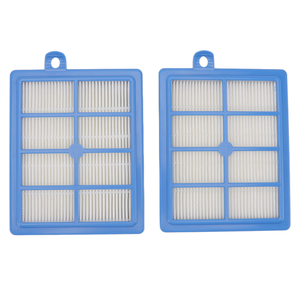 Zwei blau gerahmte Staubsaugerfilter. Weißes, plissiertes Filtermaterial ist sichtbar.
