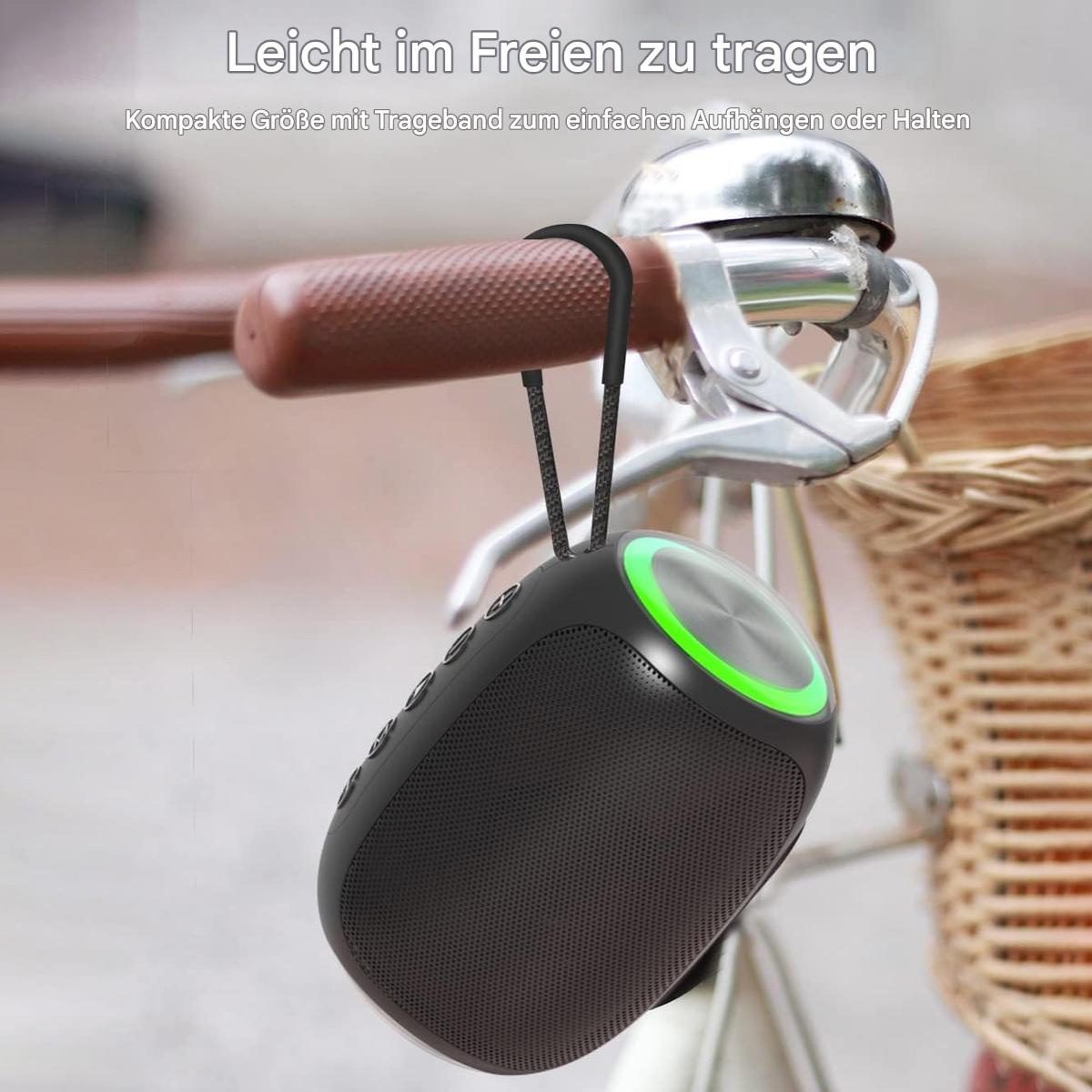 Schwarzer Lautsprecher mit einer Trageschlaufe, die an einem Fahrradlenker hängt. Es hat ein grünes Licht.