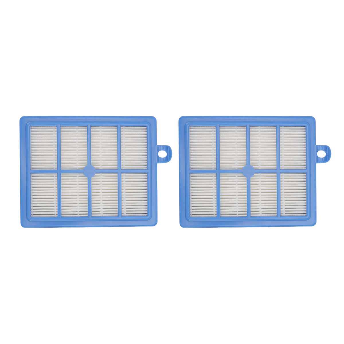 Zwei blaue Luftfilter mit weißem, plissiertem Filtermaterial. Sie haben eine rechteckige Form mit Griffen.