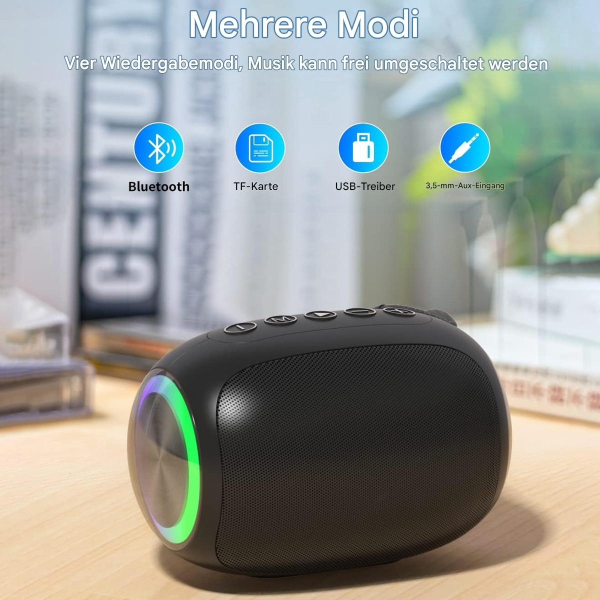 Ein schwarzer Lautsprecher mit farbwechselndem Lichtring, Bluetooth, TF-Karte, USB und Aux-In-Funktionen.