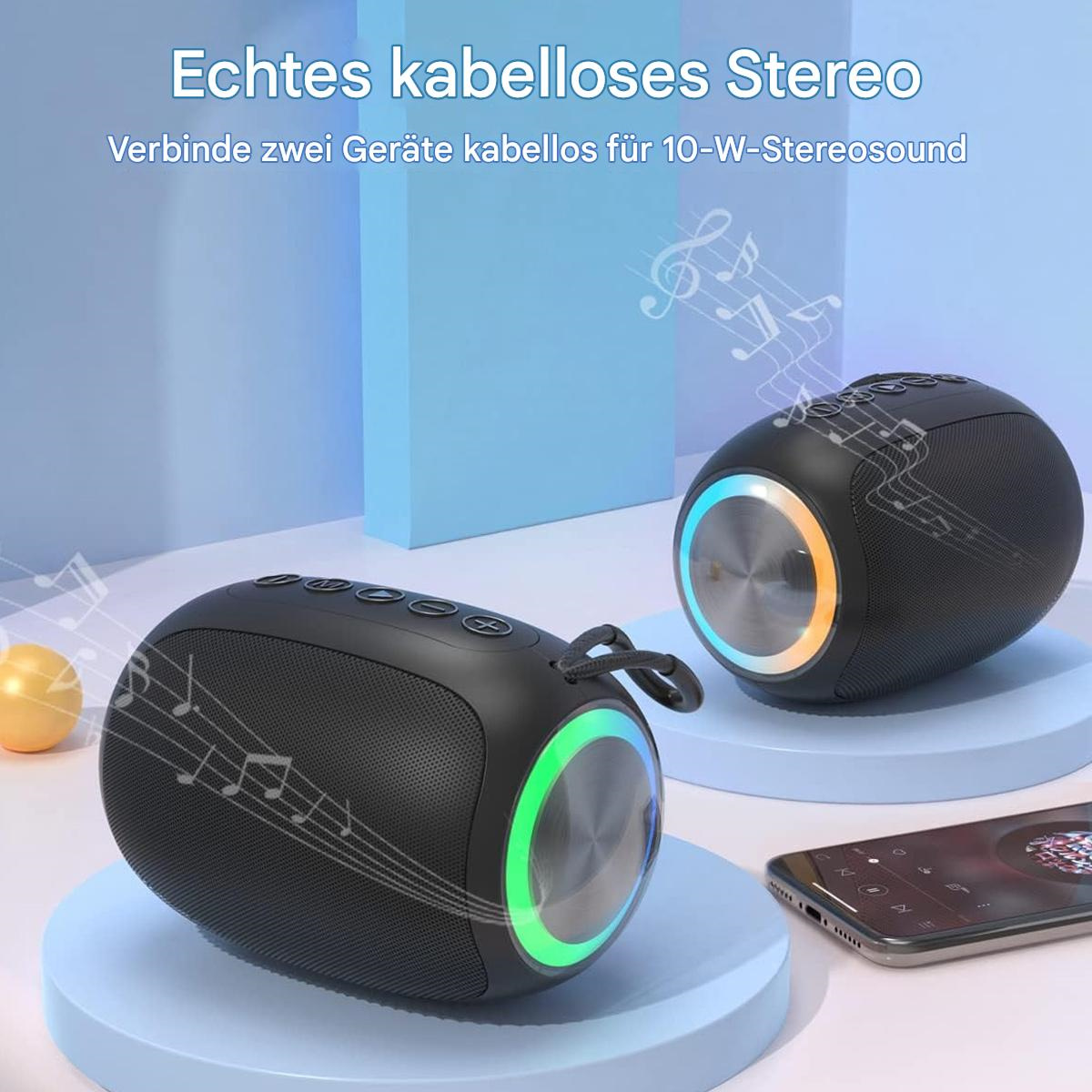 Zwei schwarze Lautsprecher mit einem Telefon und Noten. Ein Lautsprecher leuchtet grün, der andere orange.