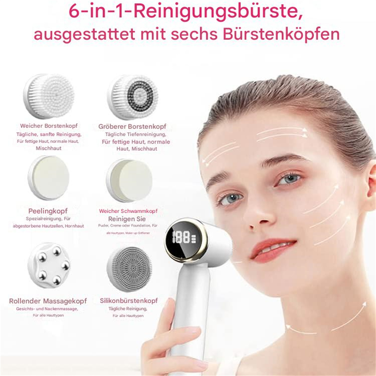 Eine Frau benutzt eine Gesichtsreinigungsbürste. Verschiedene Bürstenköpfe mit ihren Anwendungen werden gezeigt.