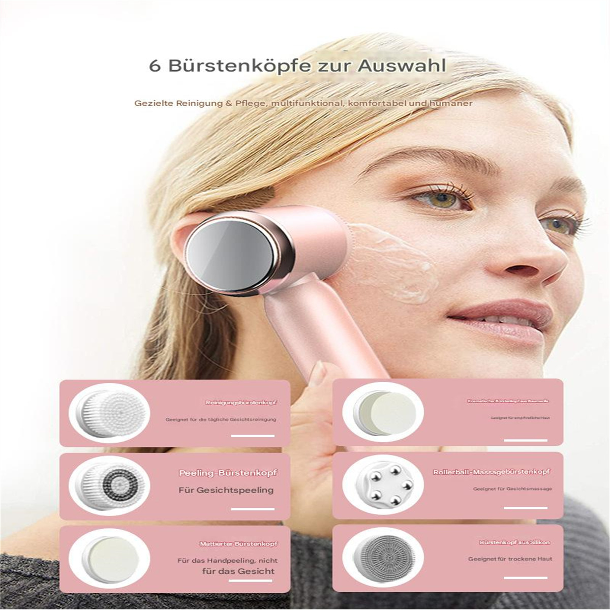 Das Gesicht einer Frau, die eine Gesichtsreinigungsbürste benutzt. Verschiedene Bürstenköpfe mit ihren Anwendungen werden gezeigt.