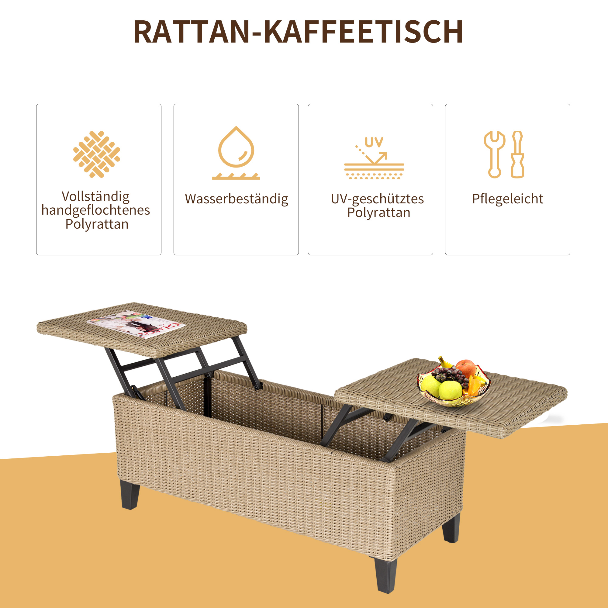 Rattan-Couchtisch mit aufklappbaren Oberflächen und Eigenschaften: handgewebt, wasserfest, UV-geschützt und leicht zu reinigen.