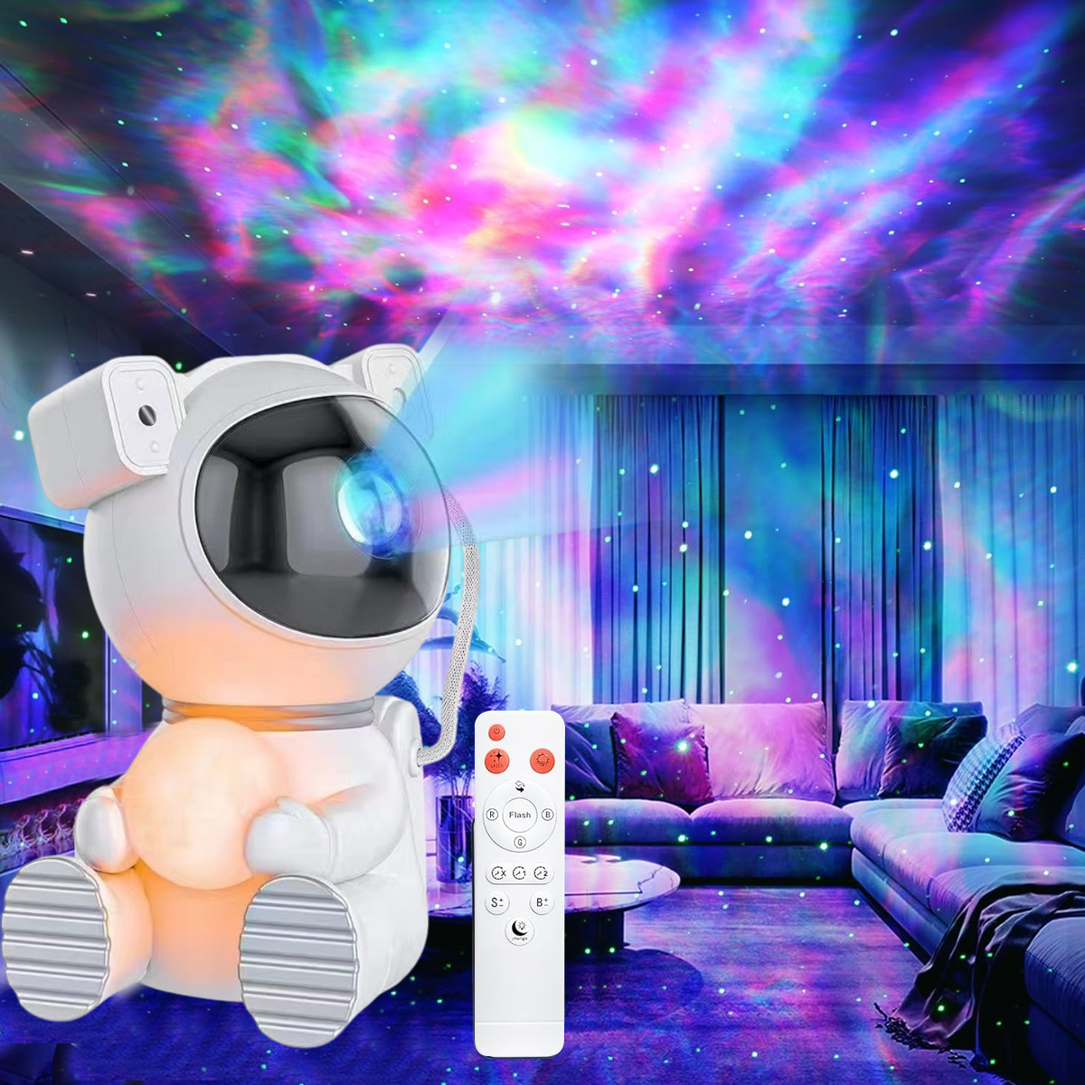 Astronautenprojektor, der farbenfrohe Nebel auf die Decke projiziert, mit Fernbedienung, in einem Wohnzimmer.