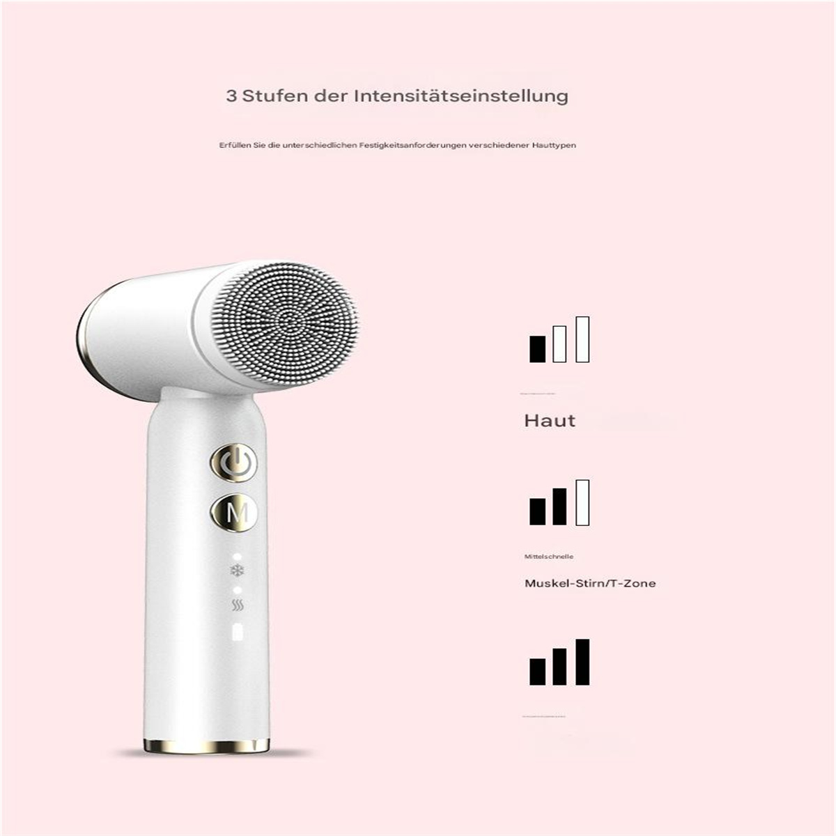 Weißes Schönheitsgerät mit drei Intensitätsstufen, dargestellt für Haut, mittel und Muskel/T-Zone-Bereiche.