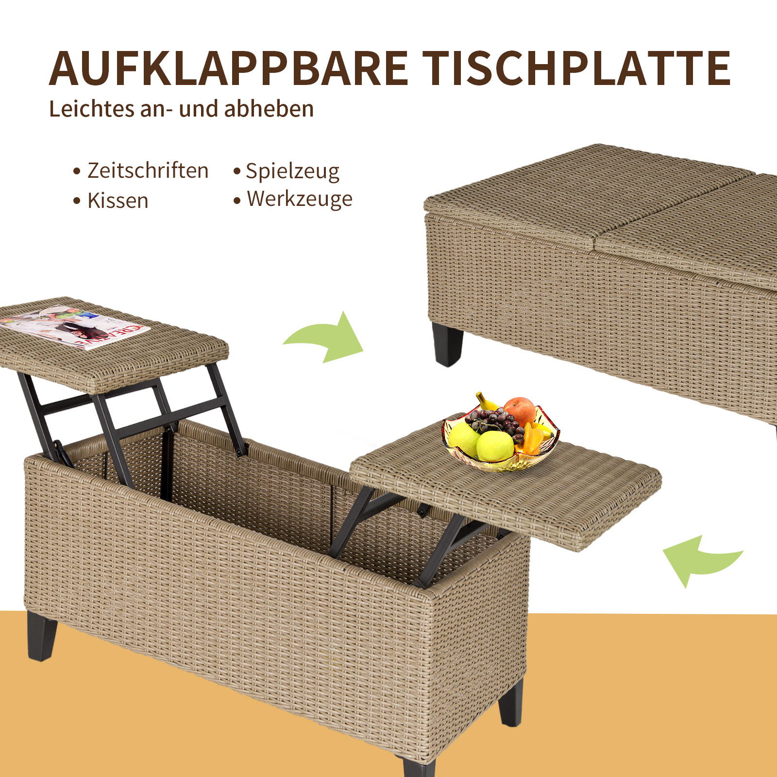 Zwei Tische mit hochgeklappten Deckeln. Ein Tisch mit einer Zeitschrift, der andere mit Früchten. Beide beige.