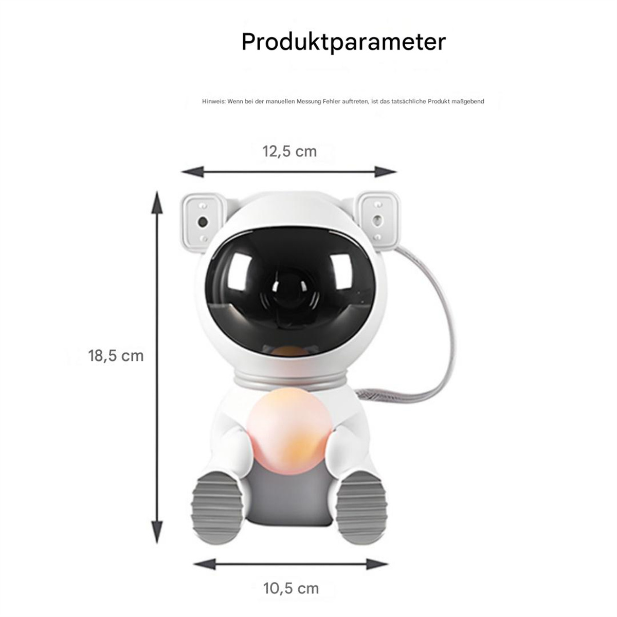 Weißer Astronautenprojektor mit Abmessungen: 18,5 cm Höhe, 12,5 cm Breite und 10,5 cm Basisbreite.