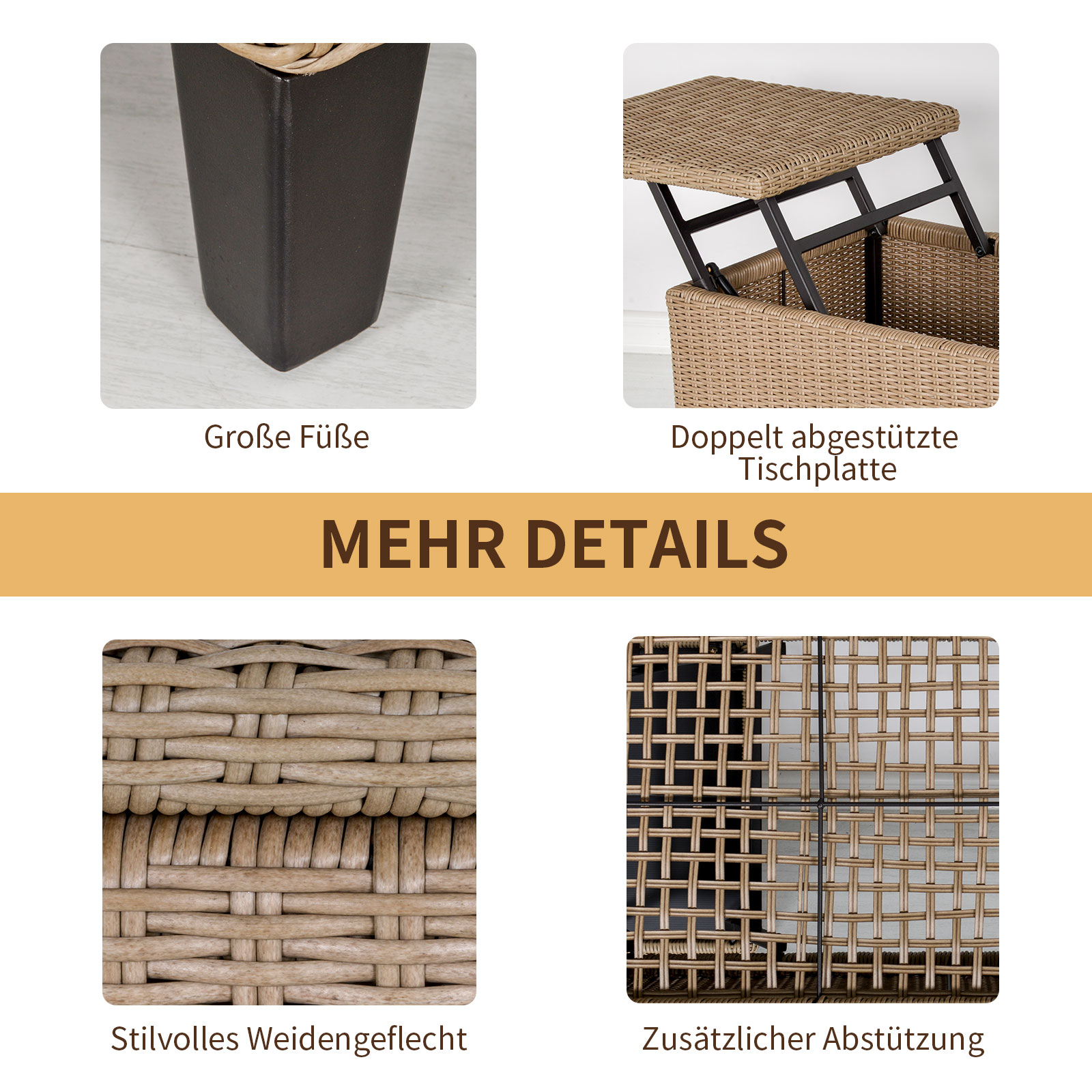 Nahaufnahmen eines braunen Korbtisches mit Details seiner Beine, gewebter Textur und einer doppelten Tischplatte.