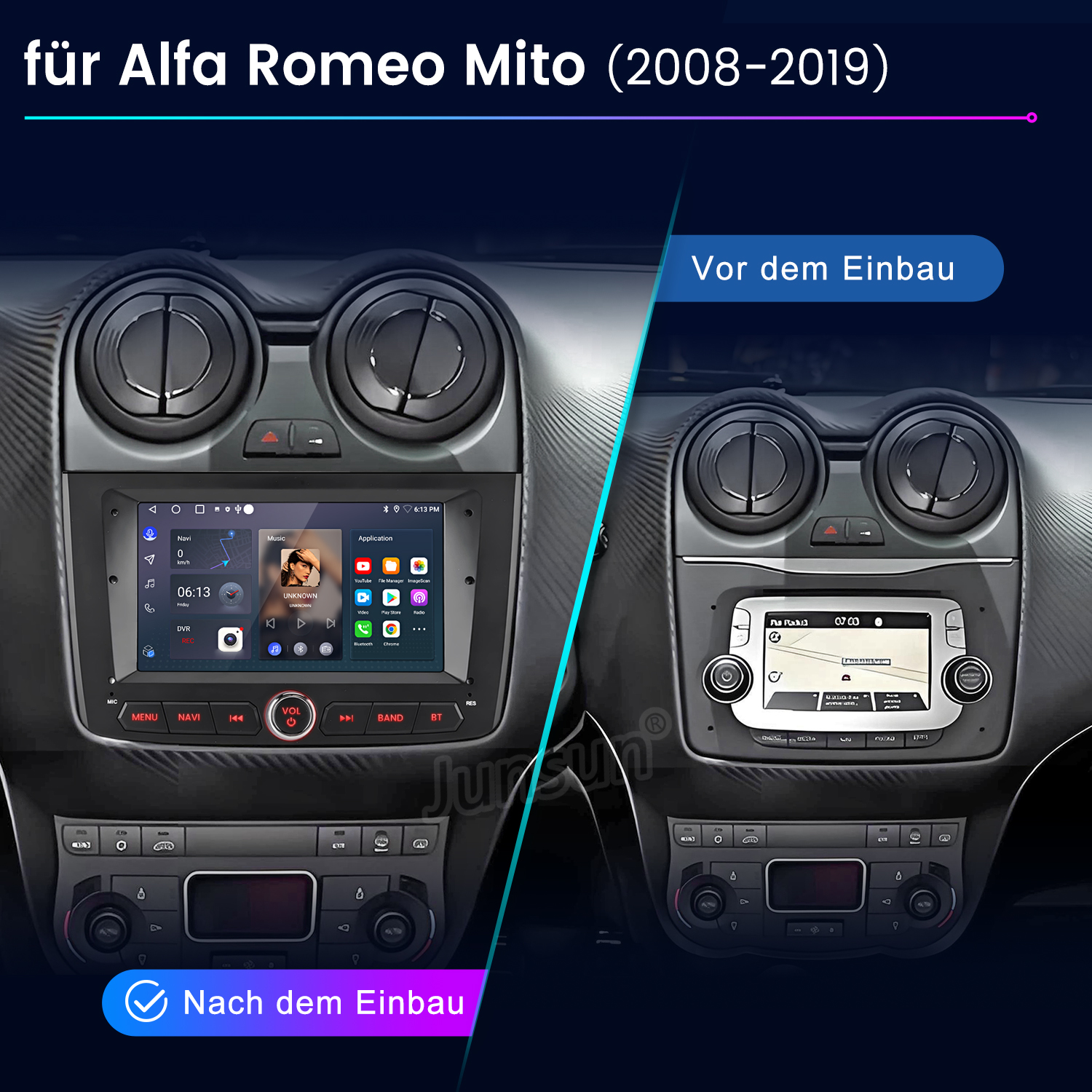 Ekran radia samochodowego zainstalowany w Alfa Romeo Mito. Pokazuje widoki deski rozdzielczej przed i po instalacji.