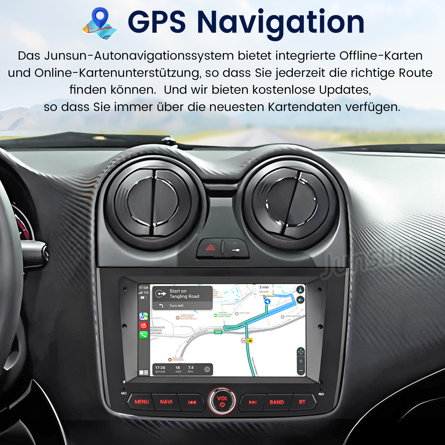 Ekran samochodowego systemu multimedialnego wyświetlający nawigację GPS, pokazujący mapę z prowadzeniem po trasie.