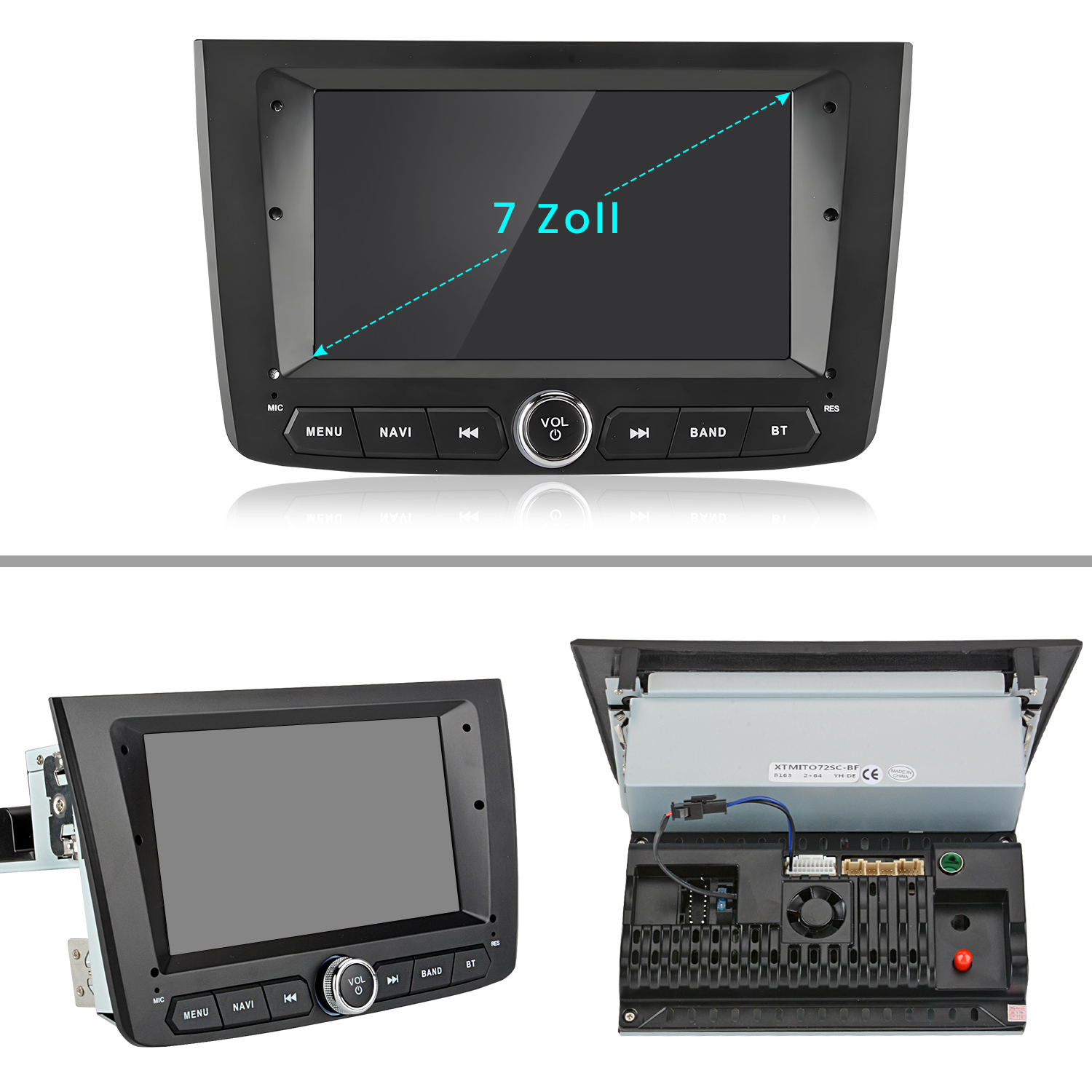 Autoradiobildschirm mit Abmessungen und verschiedenen Installationsansichten. Schwarzer Rahmen mit Touchscreen-Anzeige.