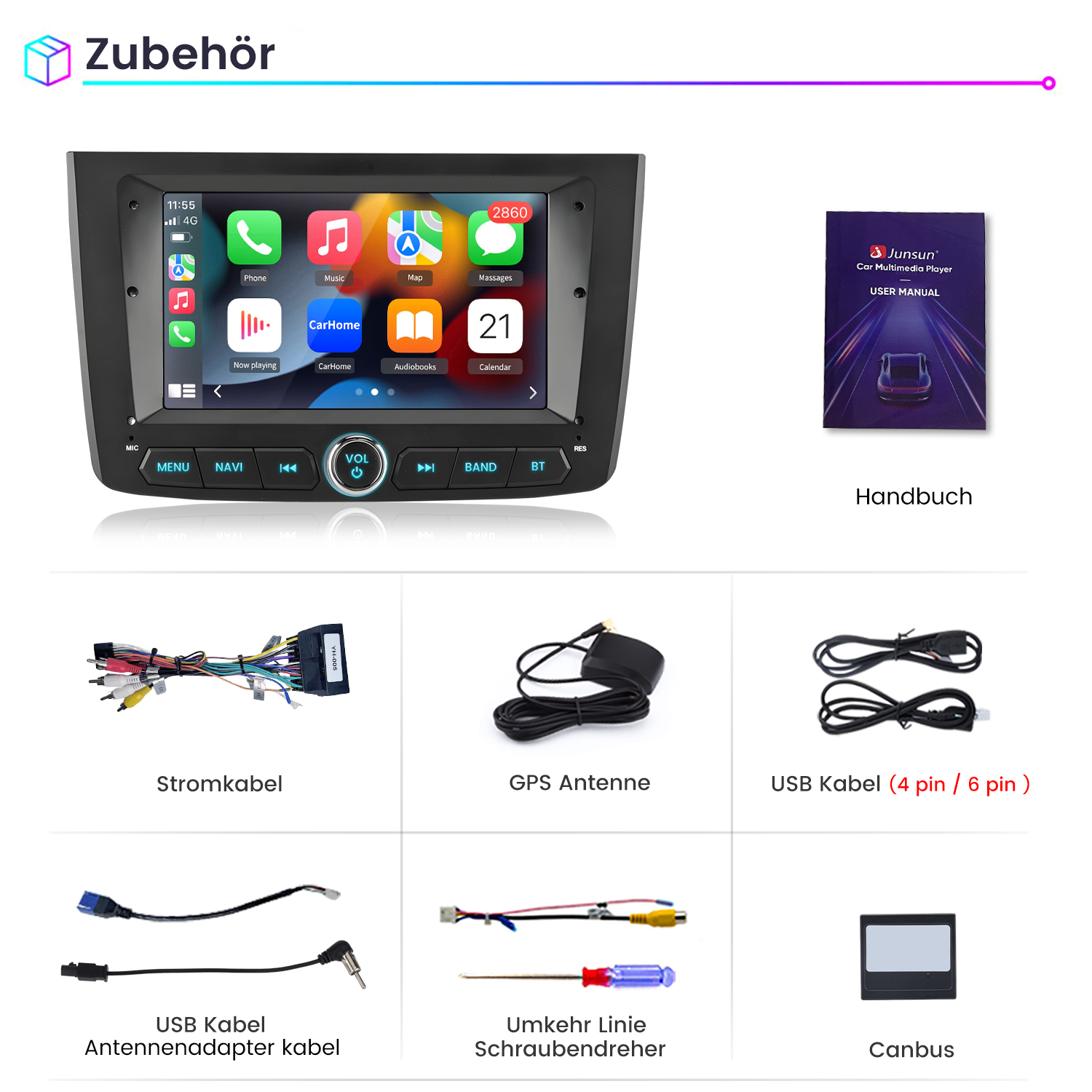 Zubehör des Auto-Multimedia-Systems: Handbuch, Kabel, GPS-Antenne, USB-Kabel und Antennenadapterkabel.
