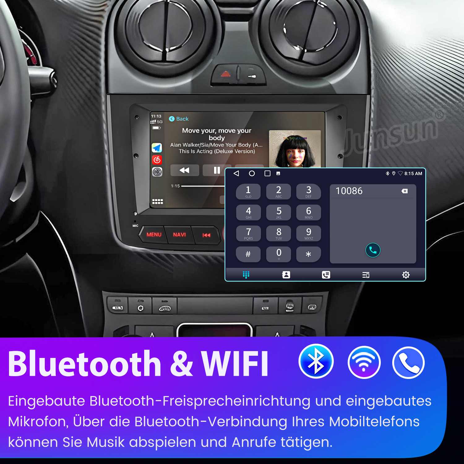 Ekran radia samochodowego pokazujący menu telefonu i połączenie Bluetooth. Zawiera funkcje muzyczne i telefoniczne.