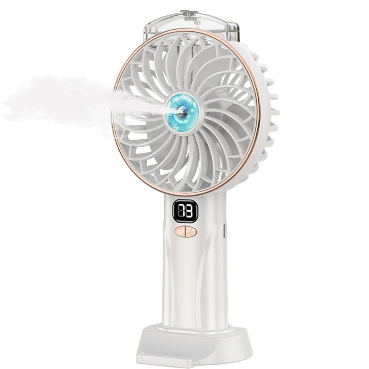 Weißer tragbarer Ventilator, der Nebel sprüht, mit digitaler Anzeige '33', vor hellem Hintergrund.