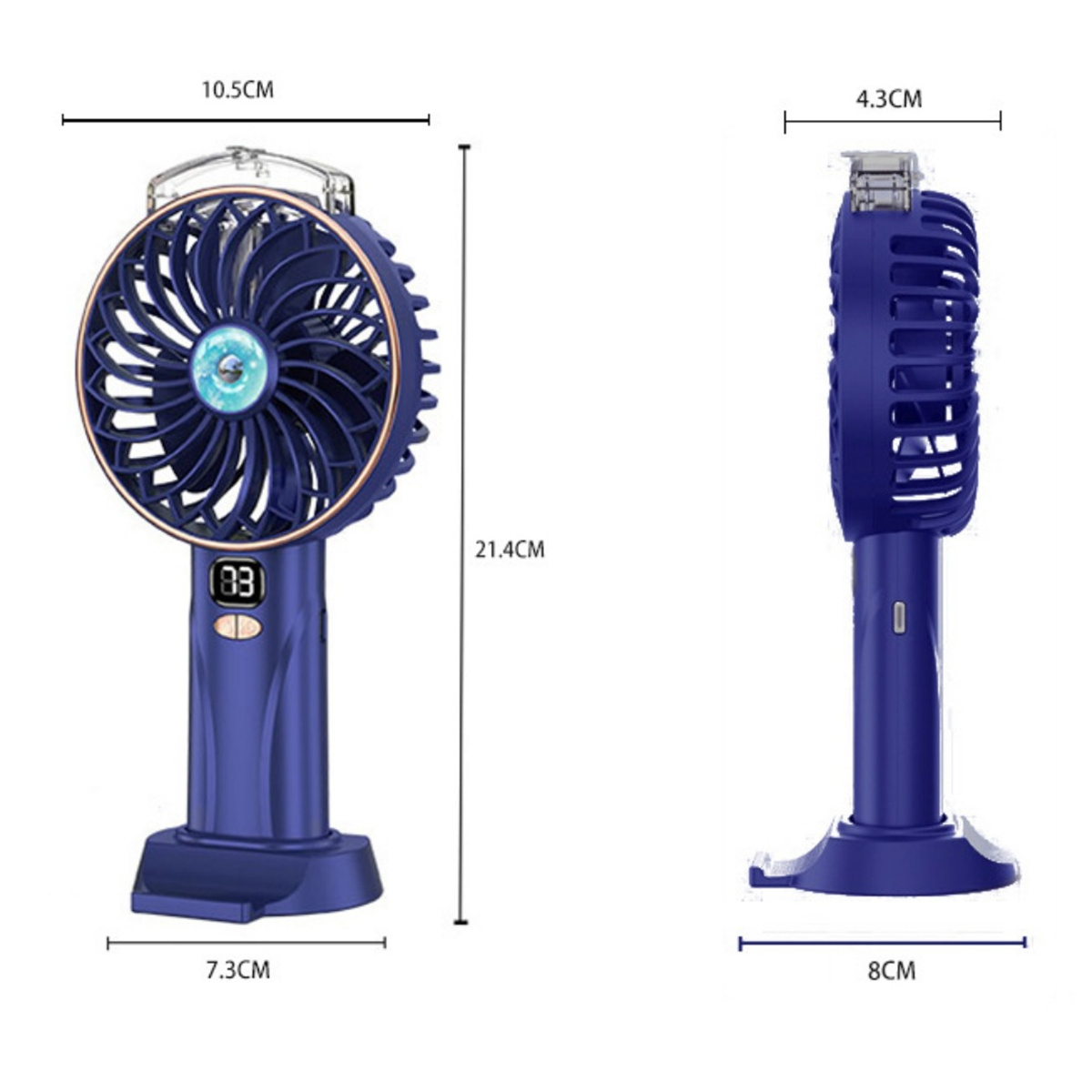 Blauer tragbarer Ventilator mit Abmessungen: 21,4 cm Höhe, 10,5 cm Breite, 7,3 cm Basis und 4,3 cm Seitenbreite.