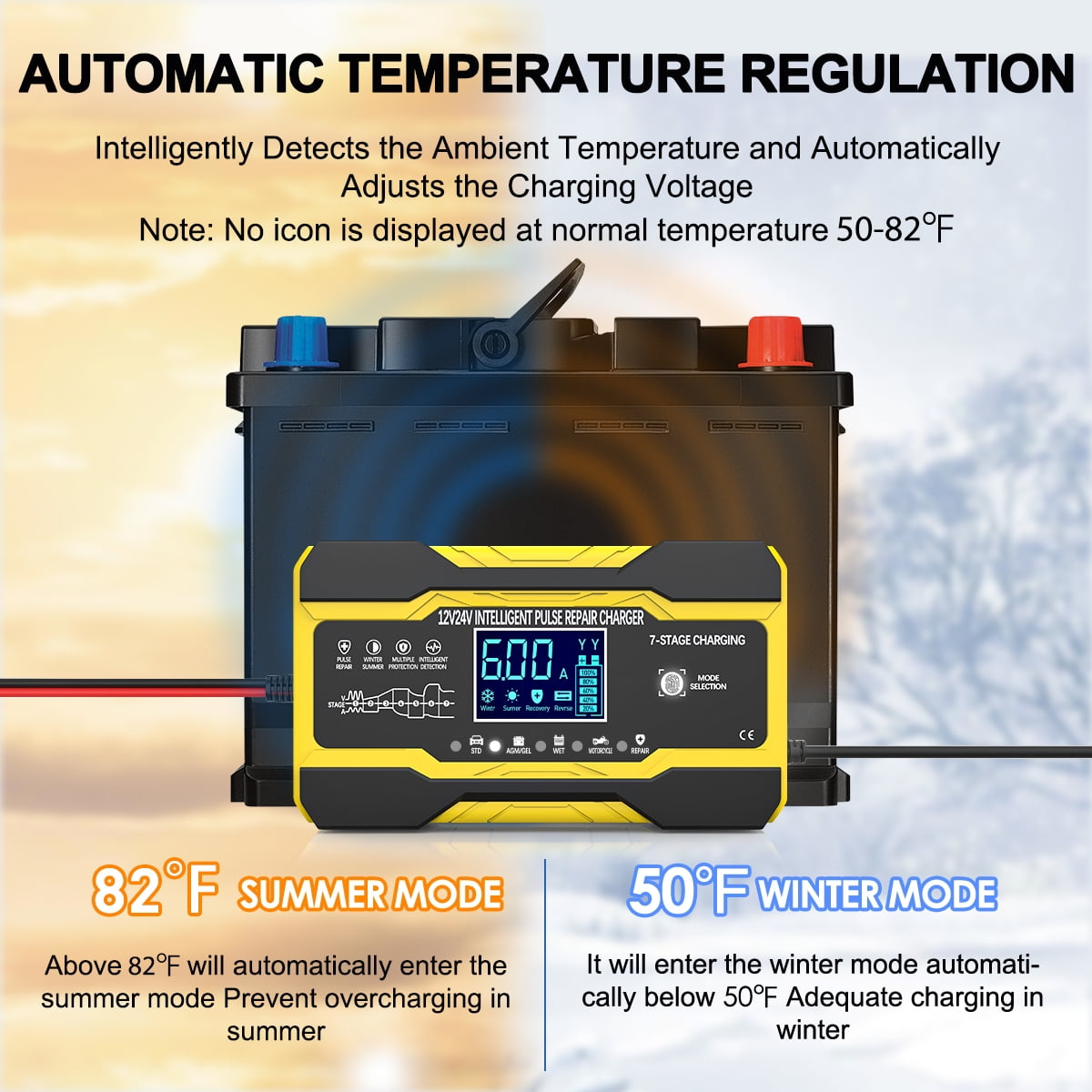 Ein intelligentes Ladegerät mit Autobatterie. Es hat einen Sommermodus und einen Wintermodus. Zeigt Spannung und Temperatur an.