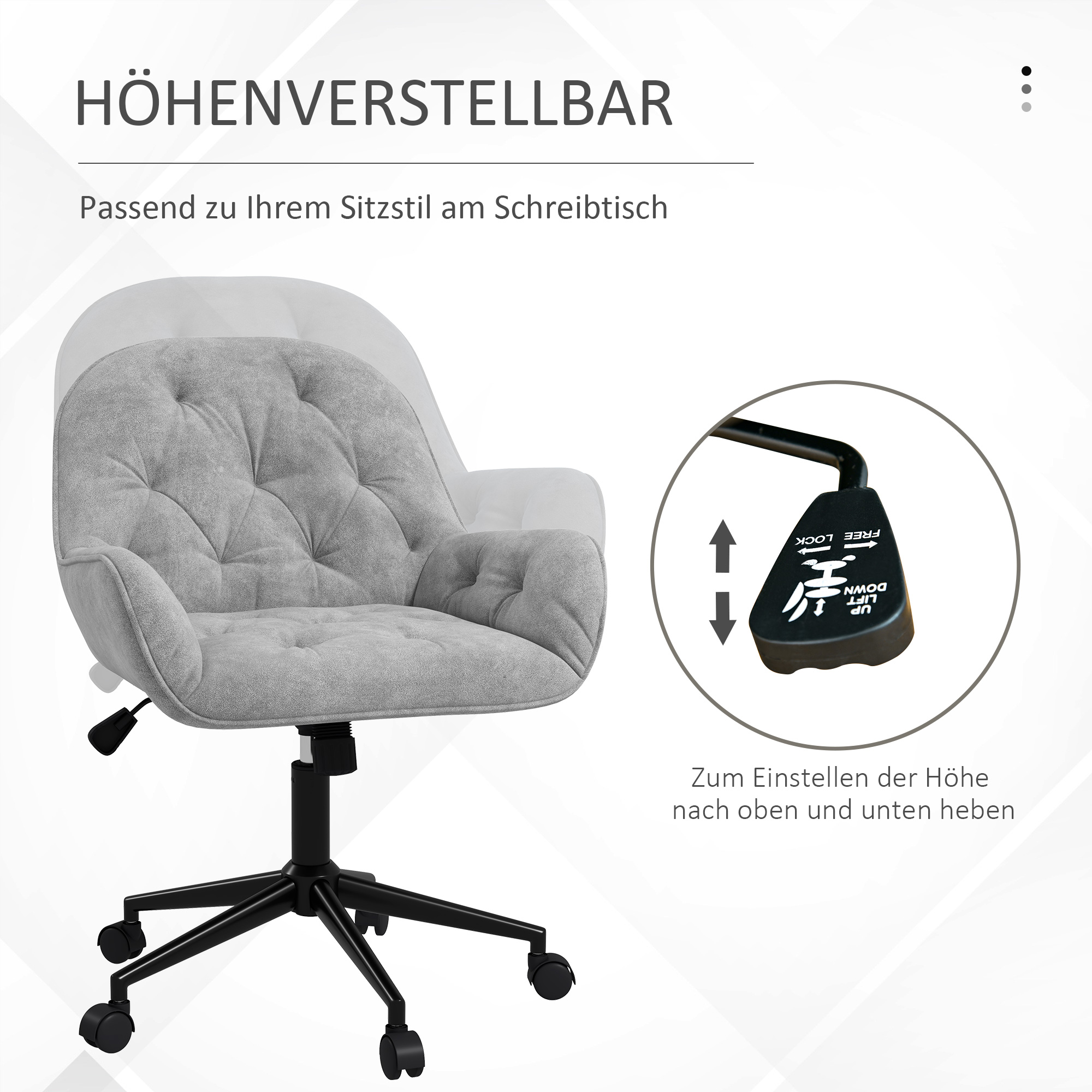 Ein grauer Bürostuhl mit Verstellmöglichkeiten. Ein Griff zeigt die Höhenverstellung. Der Stuhl steht auf weißem Hintergrund.