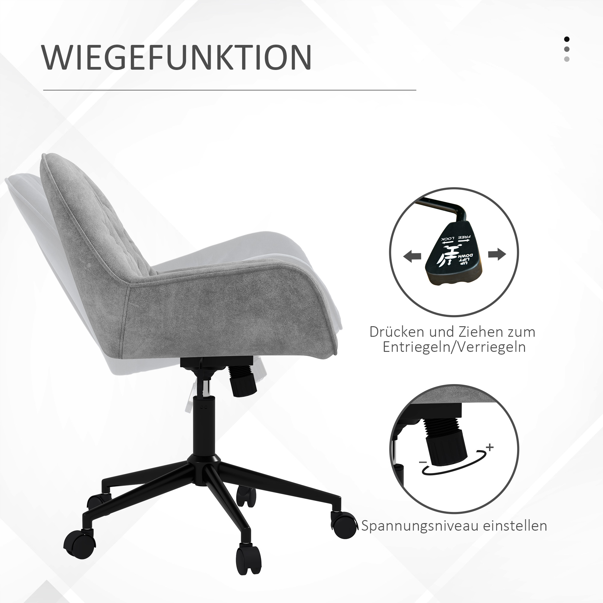 Der graue Stuhl hat eine Wippfunktion. Ein Griff zeigt Verriegeln und Entriegeln. Ein anderer zeigt die Spannungseinstellung.