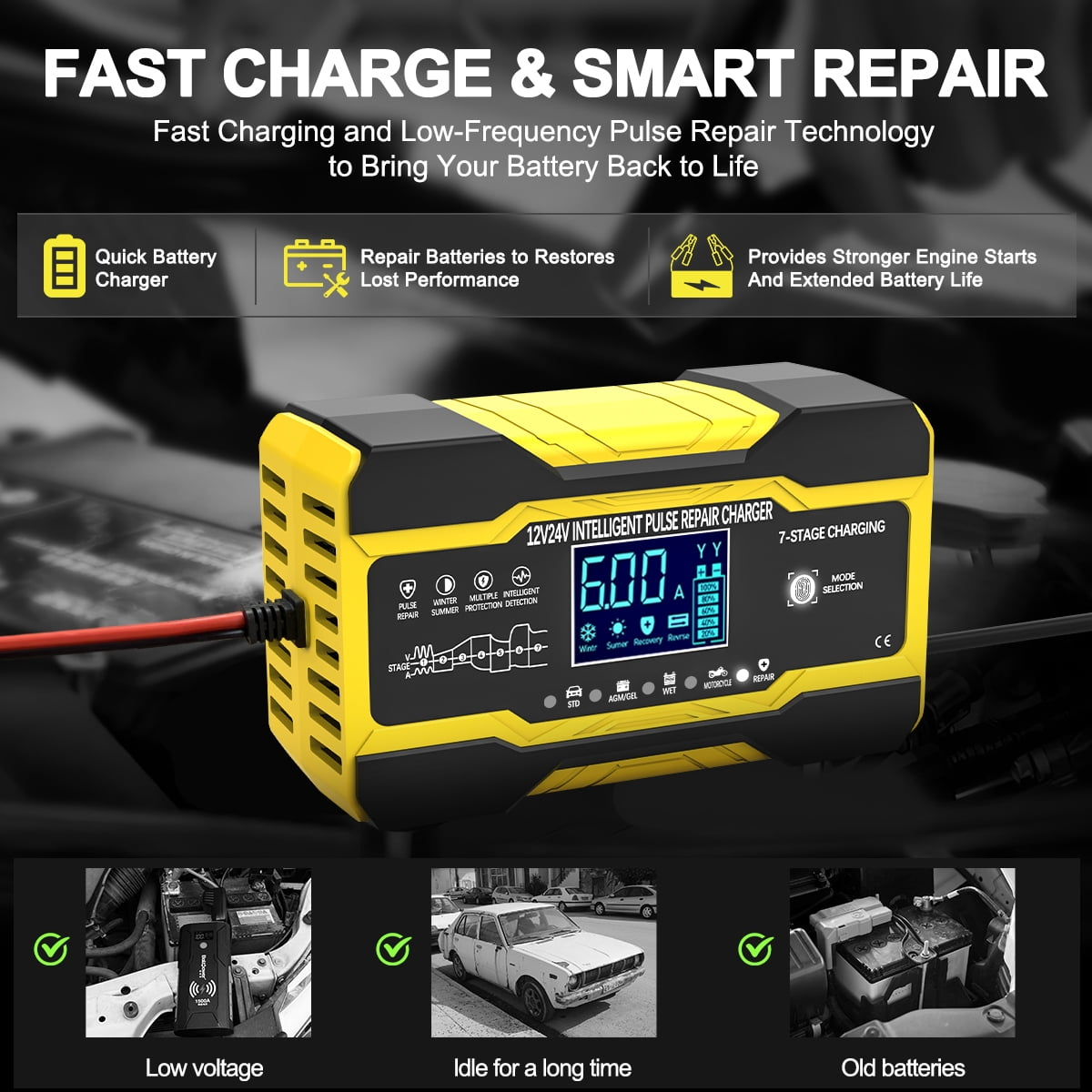 Gelbes Ladegerät mit schwarzem Bildschirm und blauen Lichtern. Text: Fast Charge & Smart Repair.