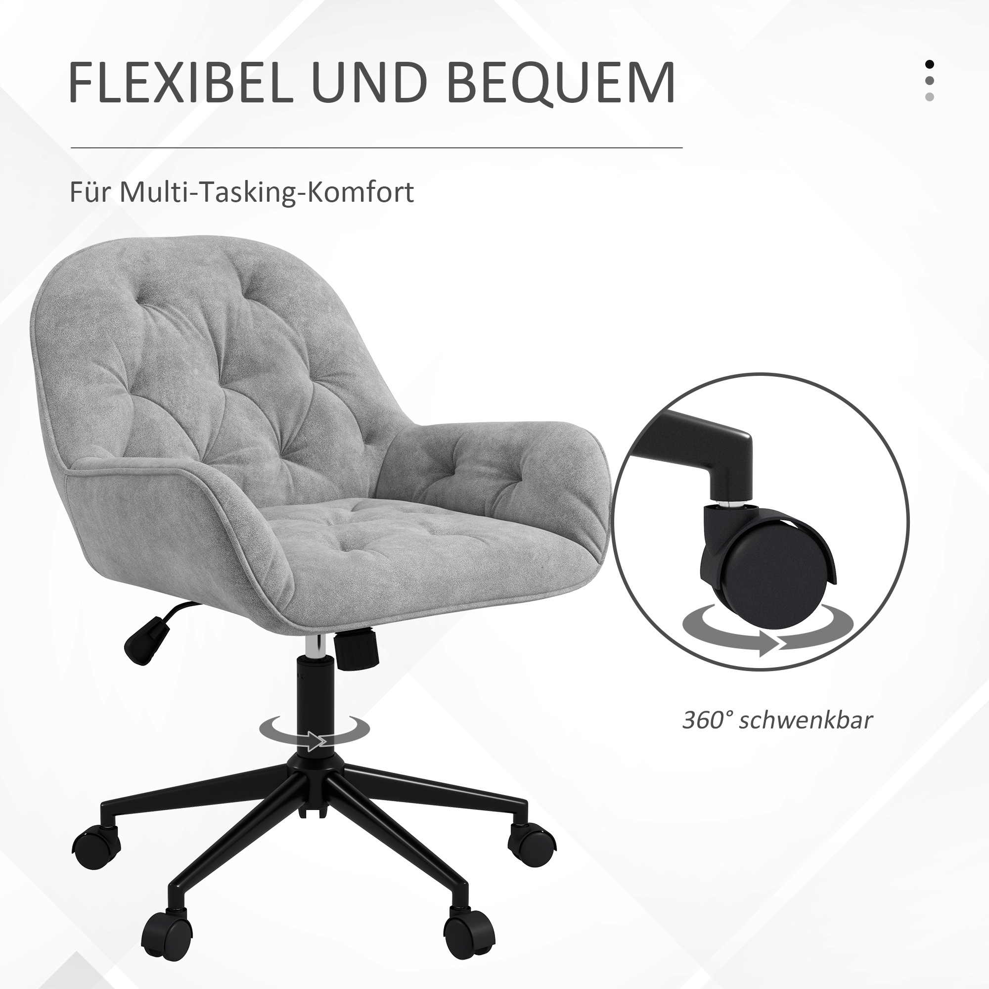 Grauer Bürostuhl mit rundem Fuß und Rollen. Text: Flexibel und bequem.