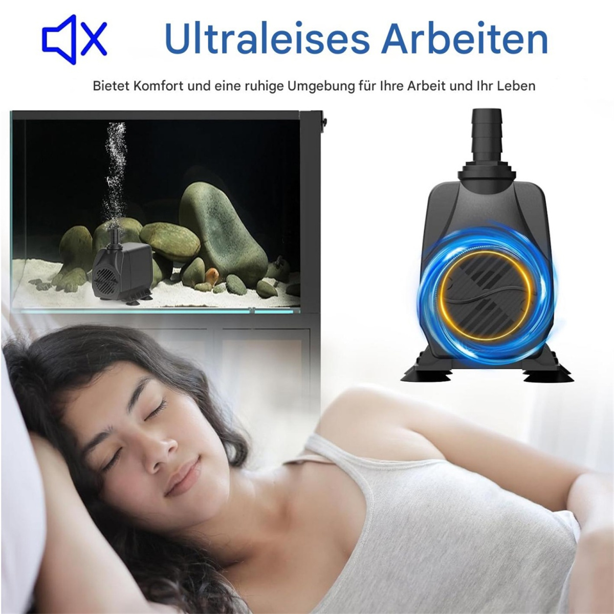 Eine Frau schläft neben einem Aquarium mit einer kleinen schwarzen Pumpe, die Blasen erzeugt und Wasser fließen lässt.