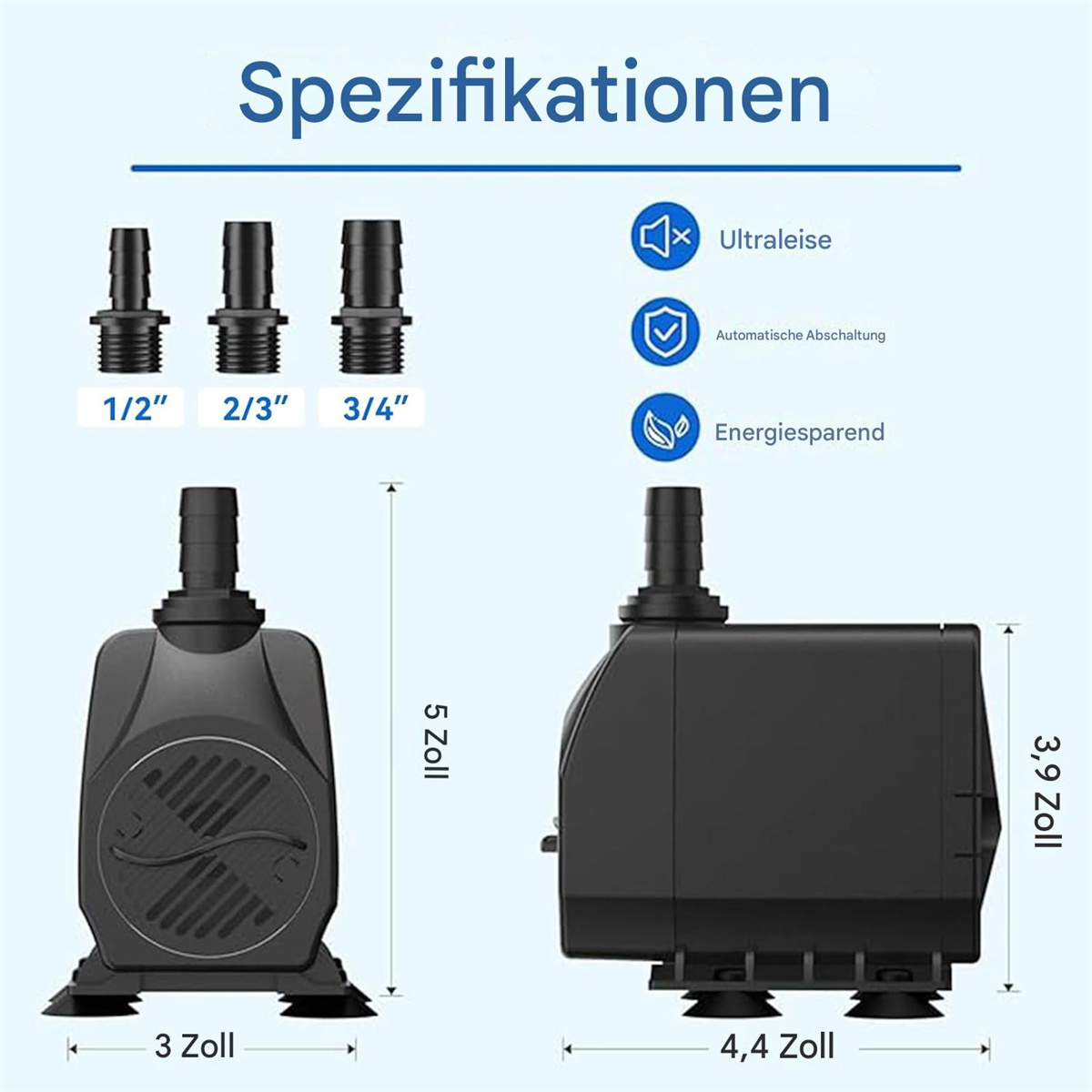 Zwei schwarze Wasserpumpen mit Messungen. Der Text erklärt die Abmessungen und Eigenschaften der Pumpe.