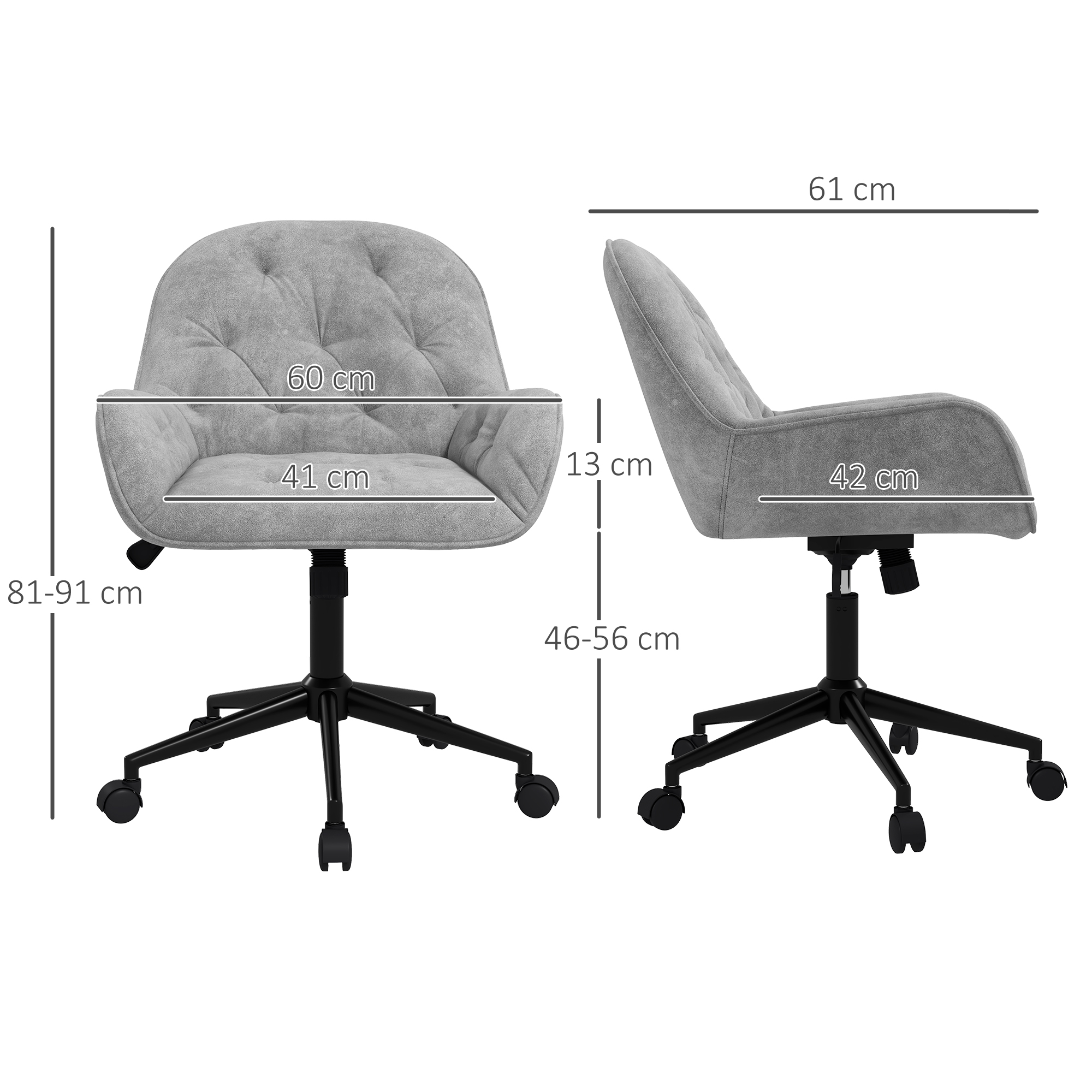 Zweiseitiger grauer Bürostuhl mit Maßen. Die Maße sind 60 cm, 41 cm, 81-91 cm, 46-56 cm, 13 cm und 42 cm.