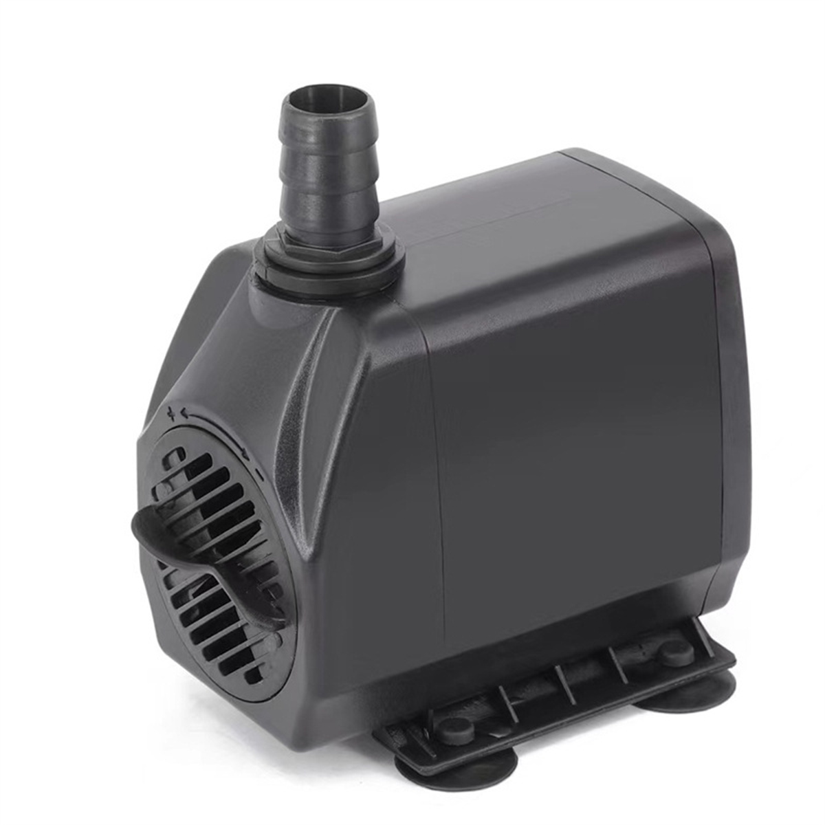 Eine schwarze Wasserpumpe mit Schlauchanschluss und geripptem Einlass wird vor weißem Hintergrund gezeigt.