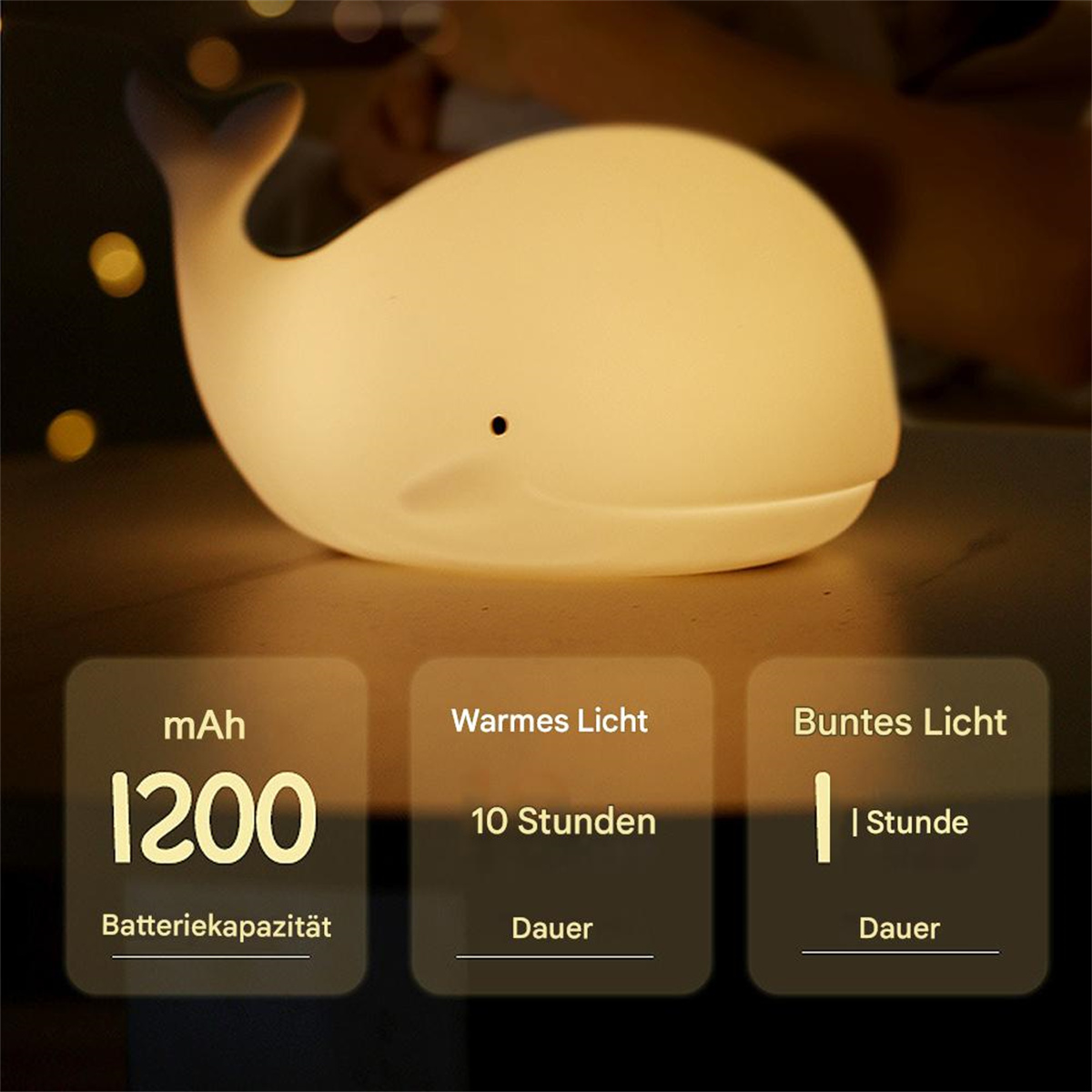 Eine leuchtende, weiße Wal-Lampe mit Text, der Batteriekapazität und Leuchtdauer angibt.