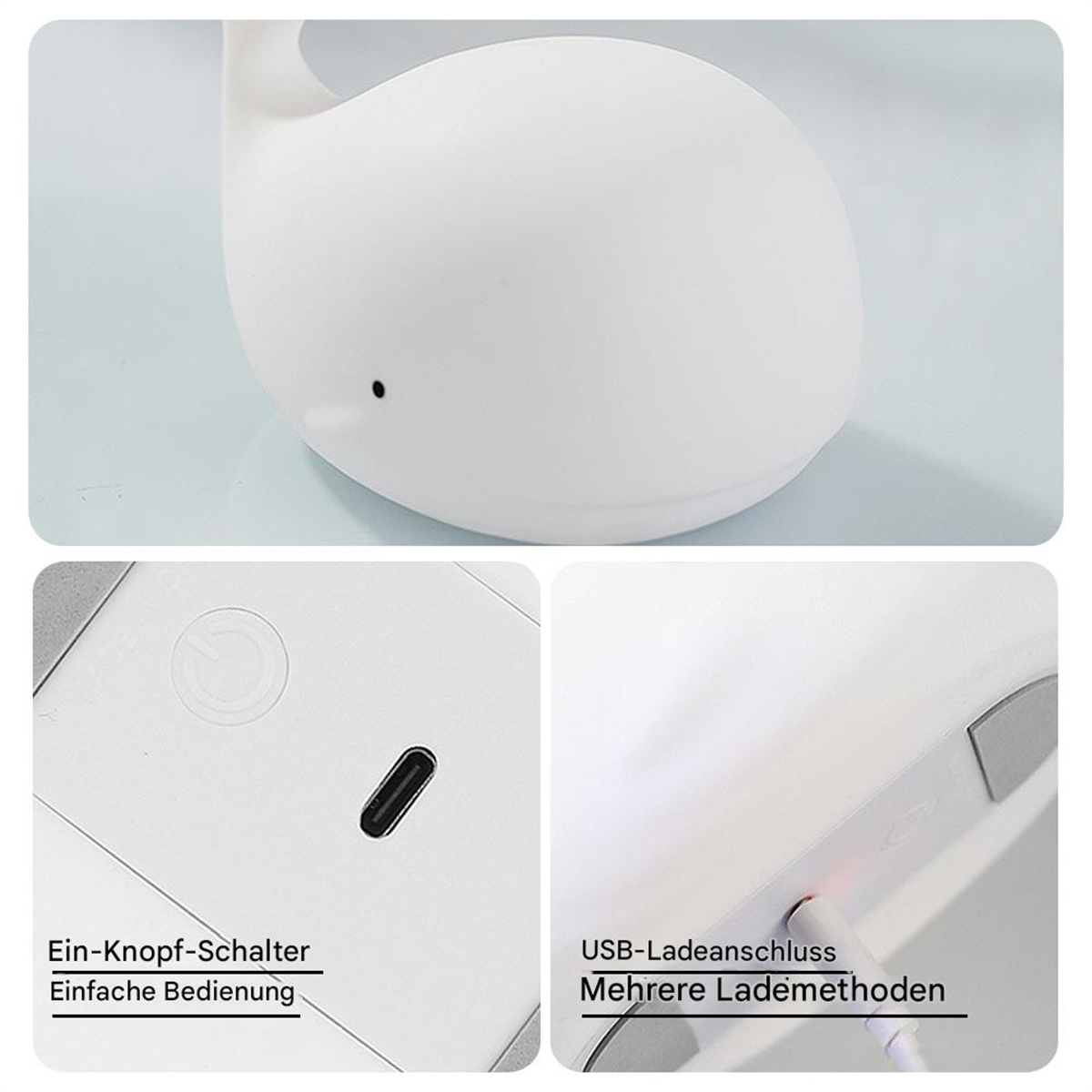 Nahaufnahmen einer weißen Wal-Lampe, die einen Netzschalter und einen USB-Ladeanschluss zeigen.