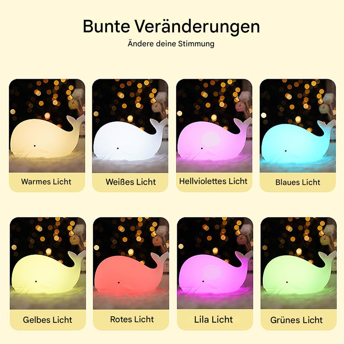 Bilder von walförmigen Lampen in verschiedenen Farben, mit Titeln auf Deutsch, die die Lichtfarbe angeben.