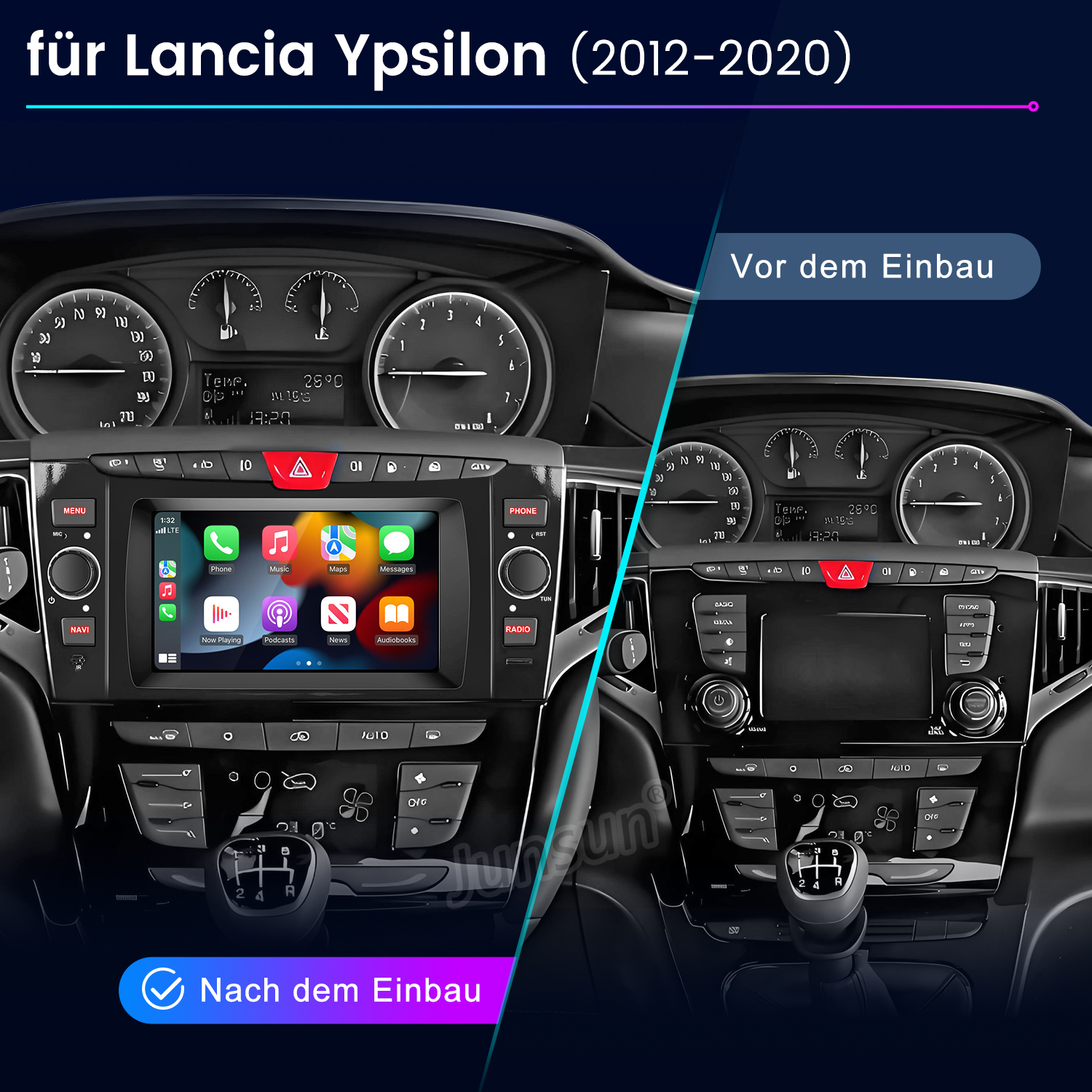 Armaturenbrett vor und nach der Installation. Zeigt den Innenraum des Autos, den Navigationsbildschirm und die Bedienelemente.