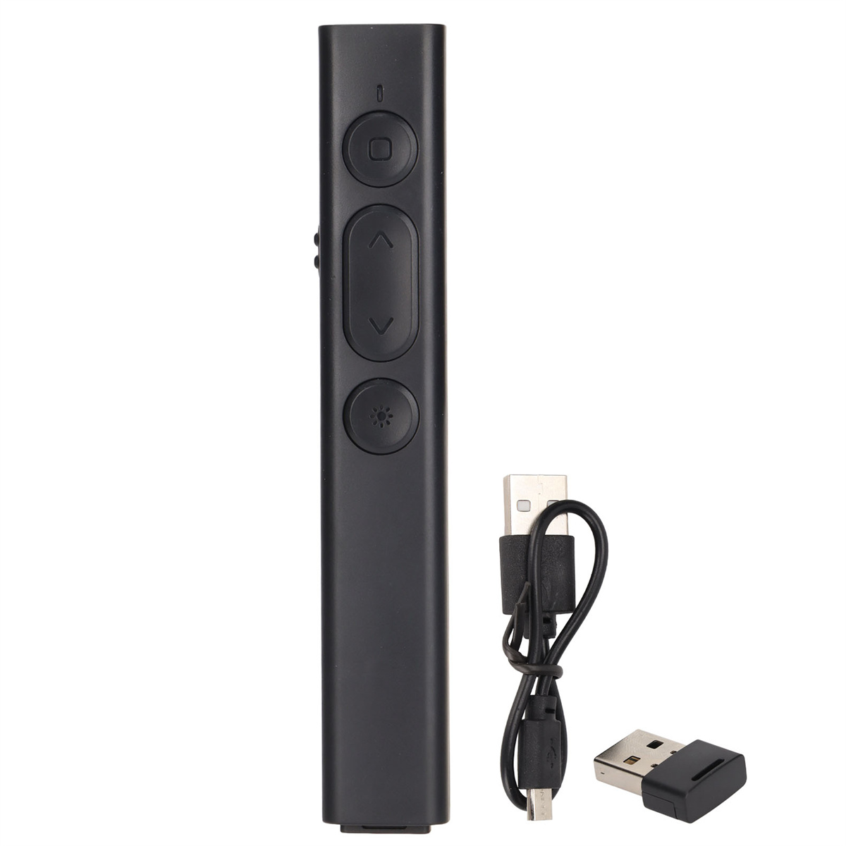 Schwarze Präsentationsfernbedienung mit Knöpfen und einem USB-Ladekabel und Adapter.