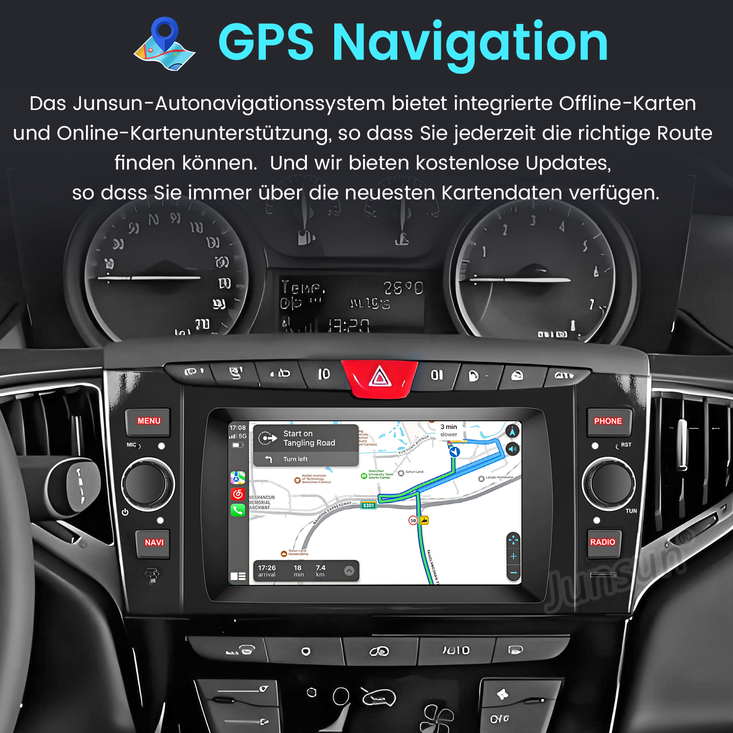 Auto-Armaturenbrett-Bildschirm mit GPS-Navigation mit Karte und Bedienelementen. Zeigt den Innenraum des Autos.
