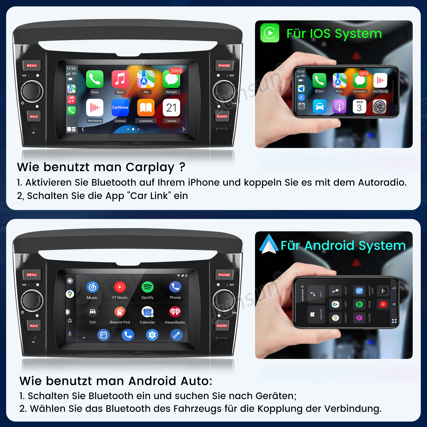 Autoradio mit zwei verschiedenen Oberflächen für iOS- und Android-Systeme. Text und App-Symbole sind sichtbar.